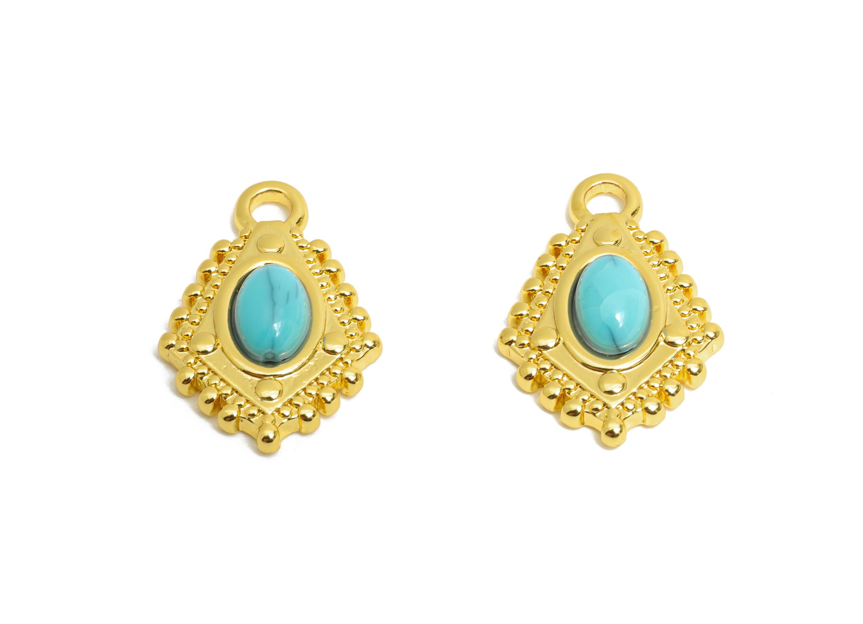 Blue Turquoise Charm - Brass Vintage Oval Earring Charm - Gemstone Vintage Modern Pendant - 18K Real Gold Plated - 16.87x11x3.85mm - RGP9667 - DOMEDBAZAAR