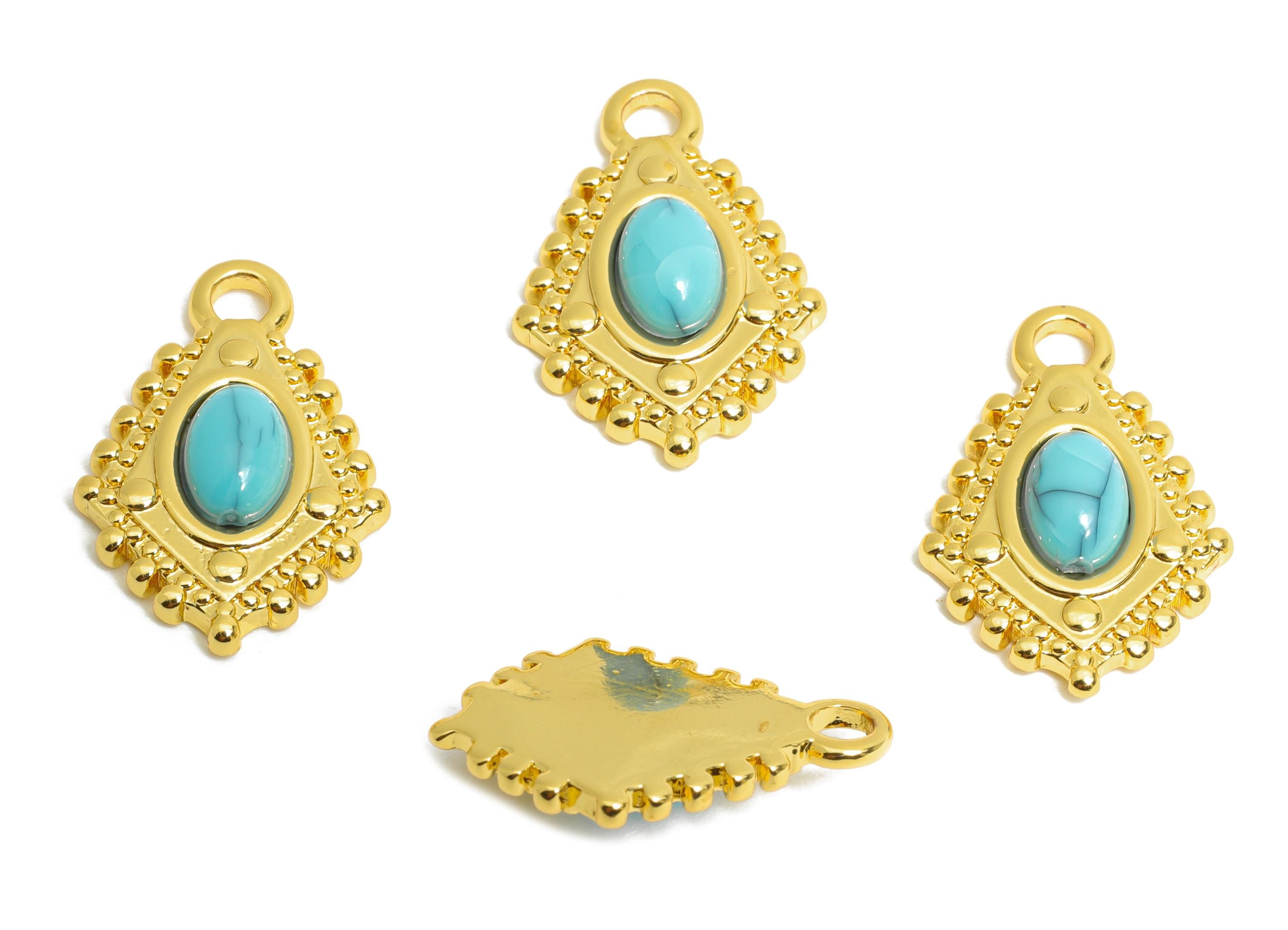 Blue Turquoise Charm - Brass Vintage Oval Earring Charm - Gemstone Vintage Modern Pendant - 18K Real Gold Plated - 16.87x11x3.85mm - RGP9667 - DOMEDBAZAAR