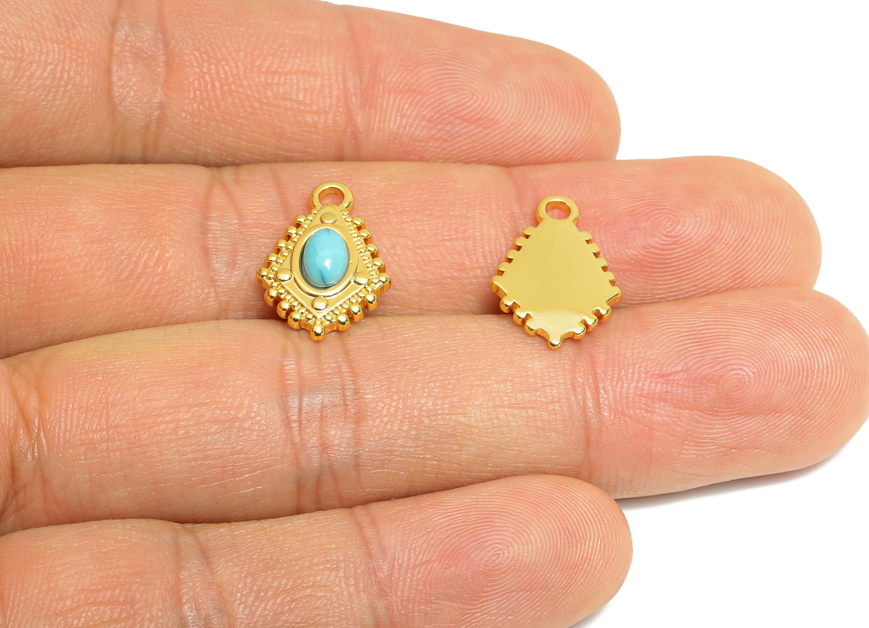 Blue Turquoise Charm - Brass Vintage Oval Earring Charm - Gemstone Vintage Modern Pendant - 18K Real Gold Plated - 16.87x11x3.85mm - RGP9667 - DOMEDBAZAAR