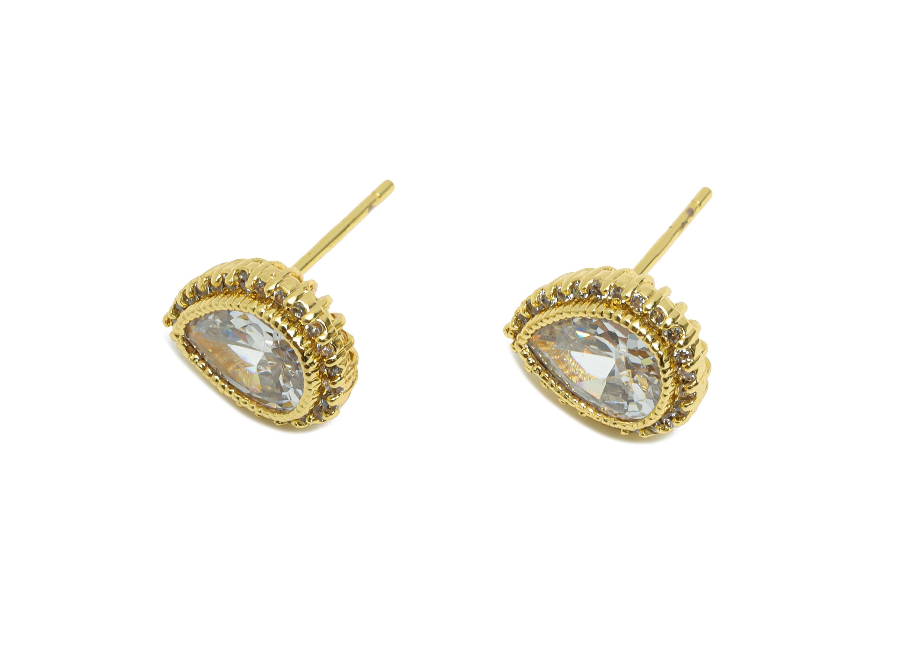 Brass CZ Drop Post - Gold Textured Drop Earrings Stud - Sparking Earring for Girls - 18K Real Gold Plated Brass - 11.4x9x0.78xmm - RGP9611 - DOMEDBAZAAR