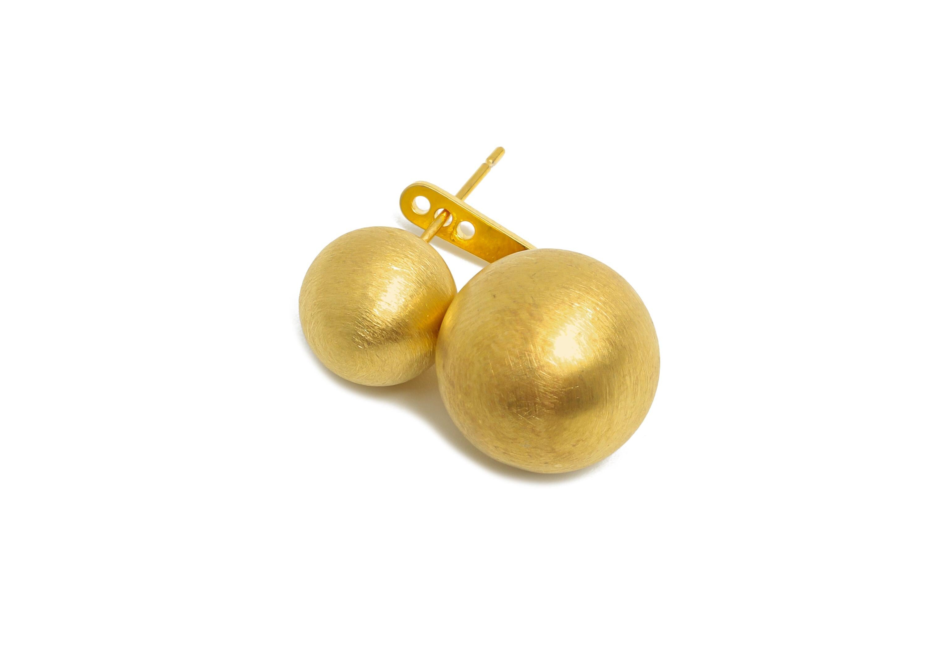 Gold Ball Earring Post - Brass Matte Ball Earring Stud a Set - Modern Gold Ear Jacket - 18K Real Gold Plated - 22.93x13.82x0.7mm - RGP9584 - DOMEDBAZAAR