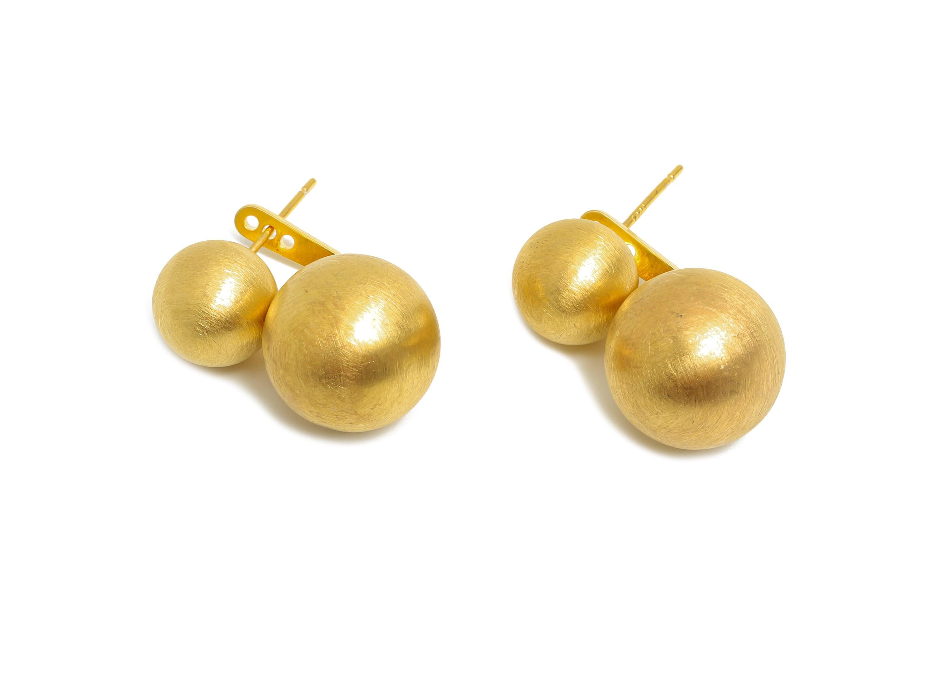 Gold Ball Earring Post - Brass Matte Ball Earring Stud a Set - Modern Gold Ear Jacket - 18K Real Gold Plated - 22.93x13.82x0.7mm - RGP9584 - DOMEDBAZAAR