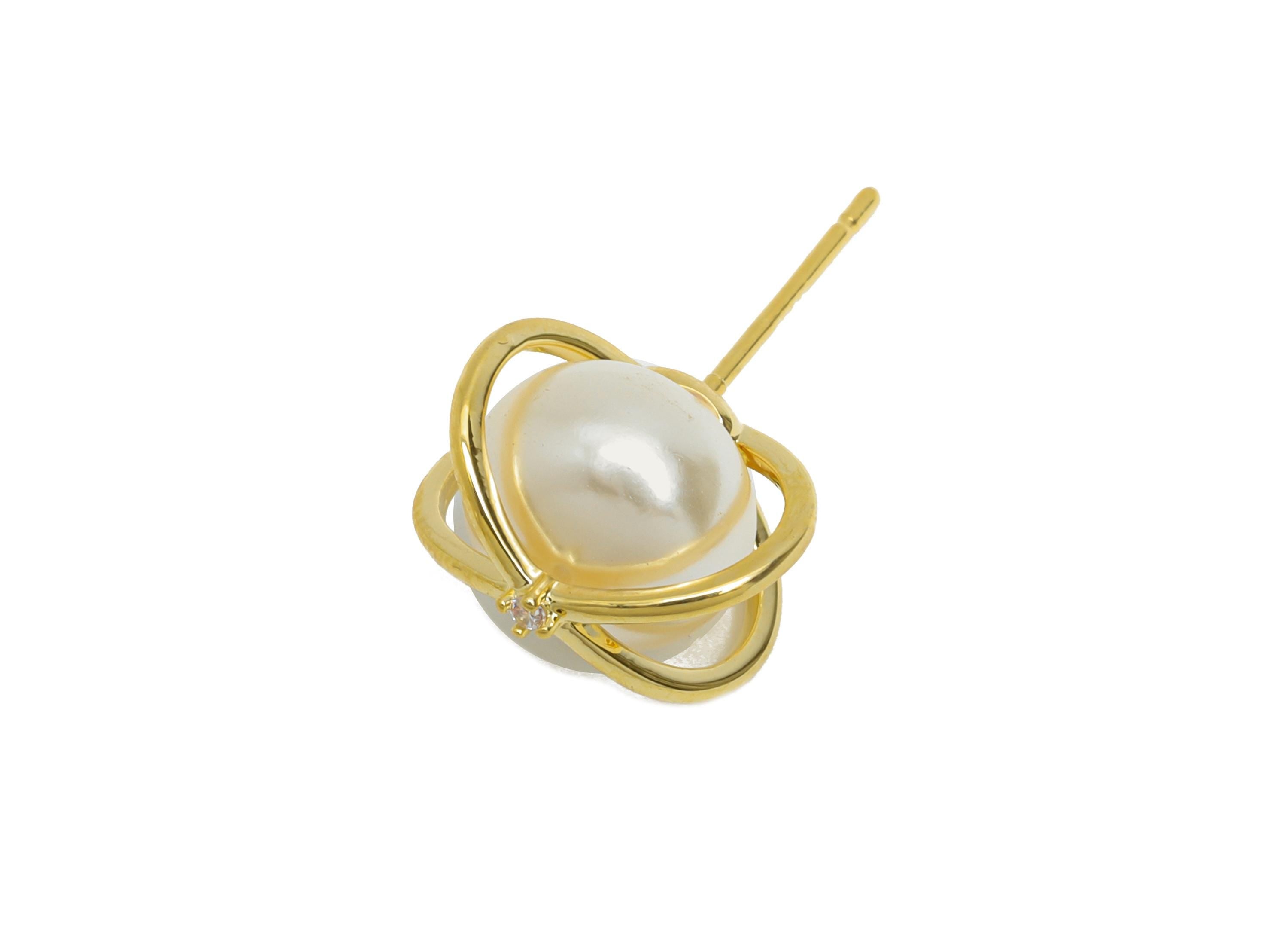 Brass Pearl Post Earring - Brass Imitation Pearl Earring Stud - Modern Pearl Jewelry - For Woman  - 18K Gold Plated - 11x9x0.71mm - RGP9589 - DOMEDBAZAAR