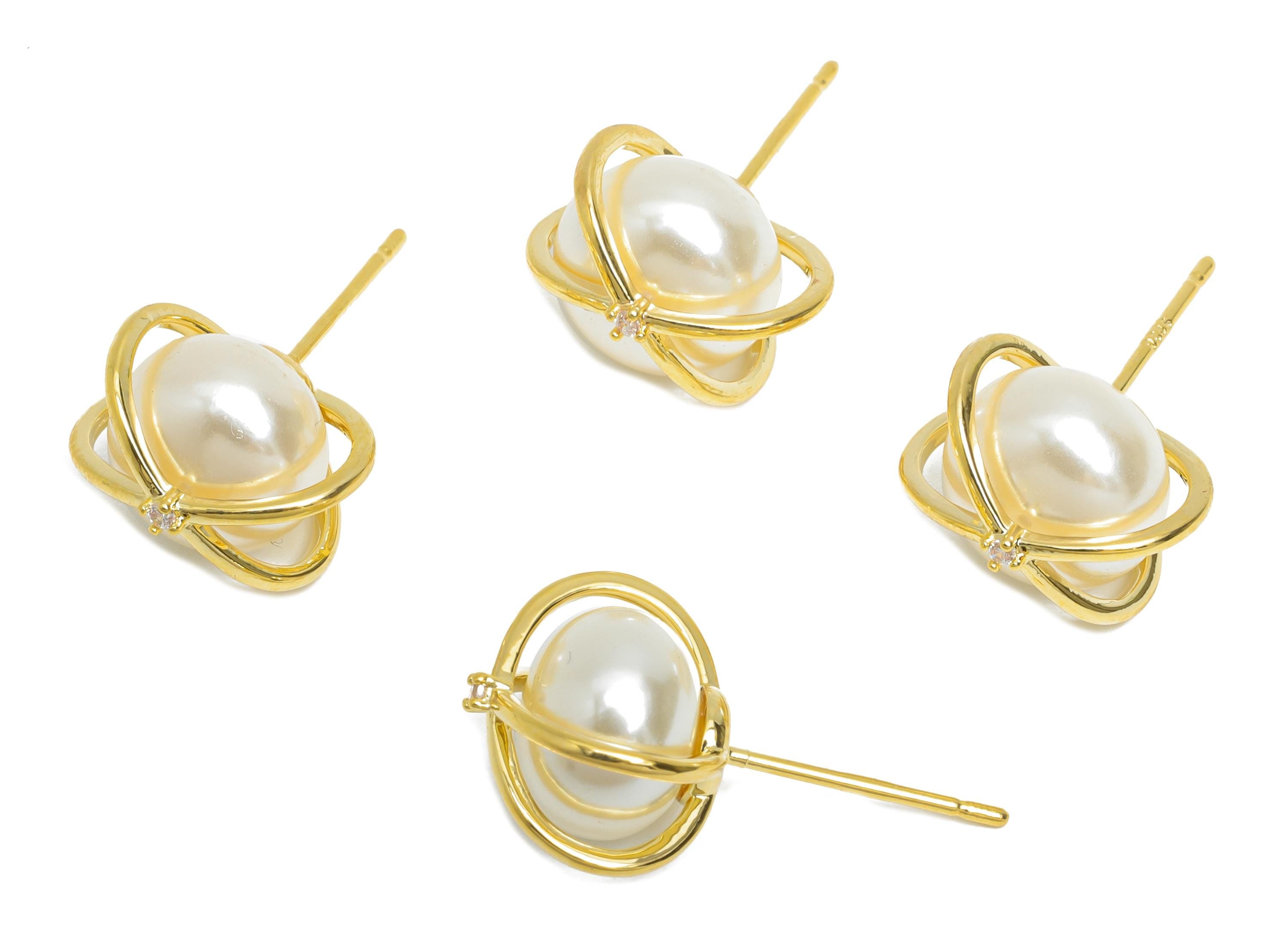 Brass Pearl Post Earring - Brass Imitation Pearl Earring Stud - Modern Pearl Jewelry - For Woman  - 18K Gold Plated - 11x9x0.71mm - RGP9589 - DOMEDBAZAAR