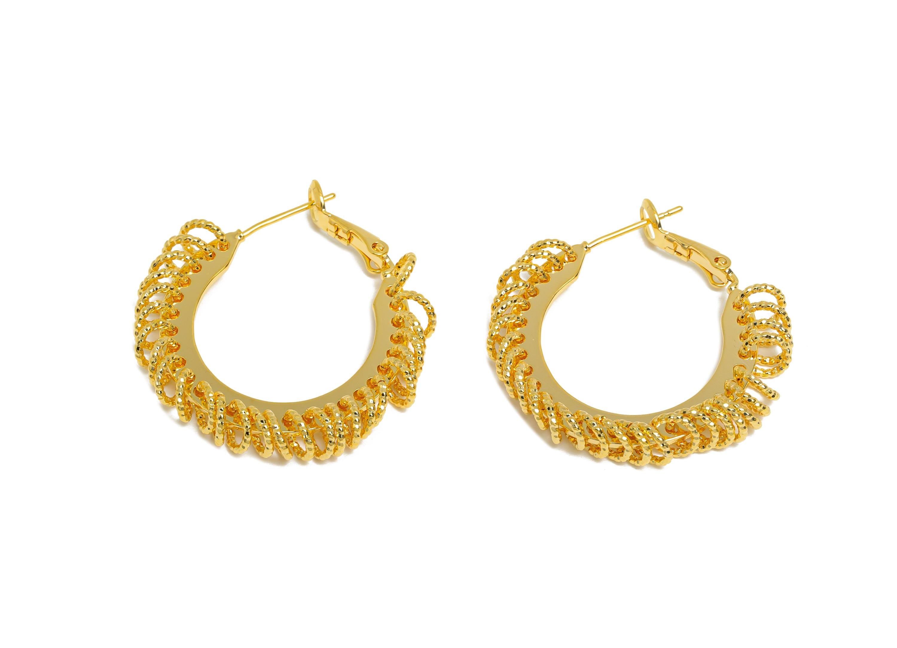 Brass Round Hoop Earrings - Gold Intricate Hanging Ring Earrings - Textured Clasp Back Earrings - 18K Real Gold Plated - 30x29x5mm - RGP9516 - DOMEDBAZAAR