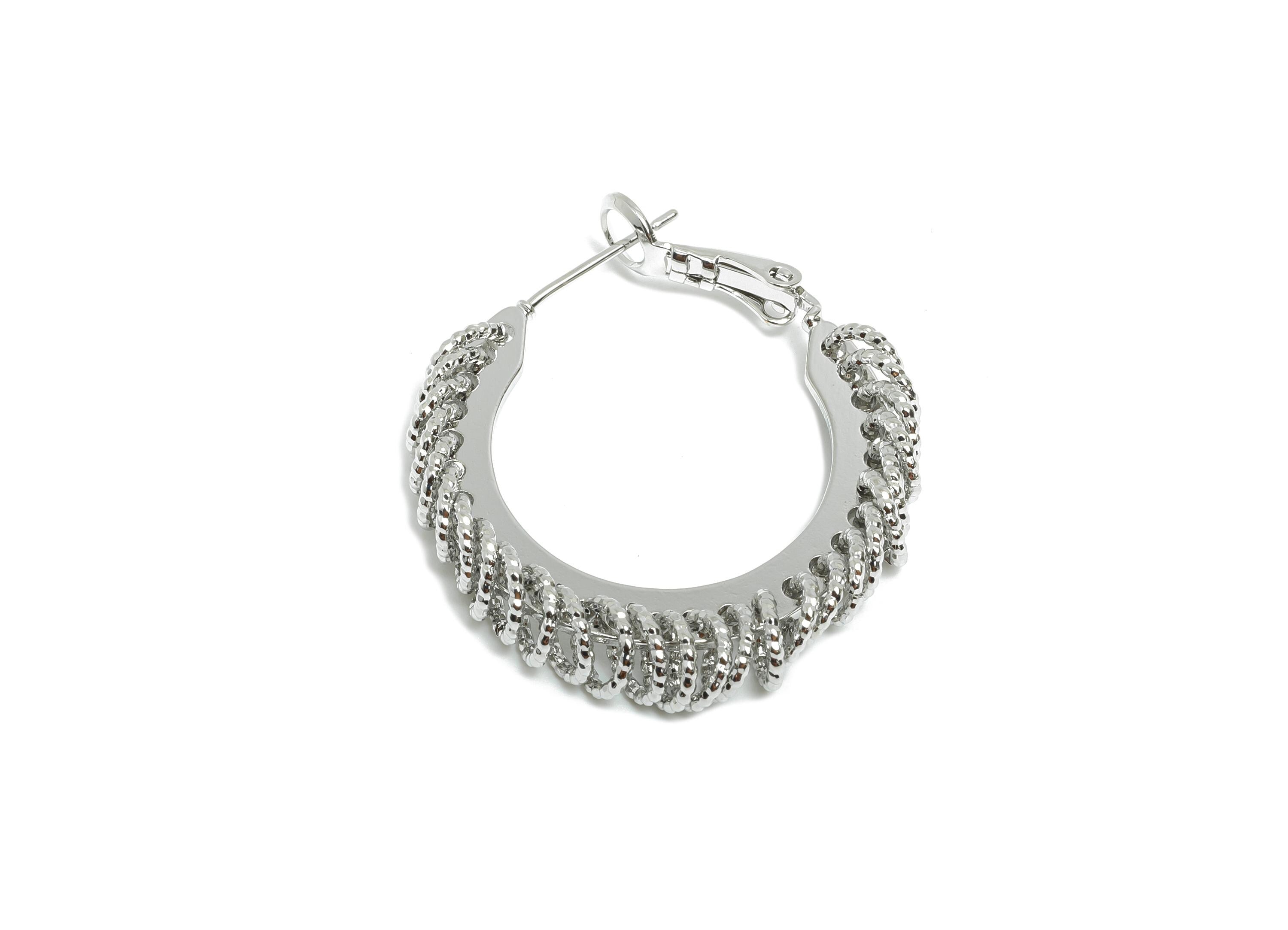 Brass Round Hoop Earring - White Intricate Hanging Ring Earring - Textured Clasp Back Earring - 18K White Gold Plated - 30x29x5mm - RGP9516S - DOMEDBAZAAR