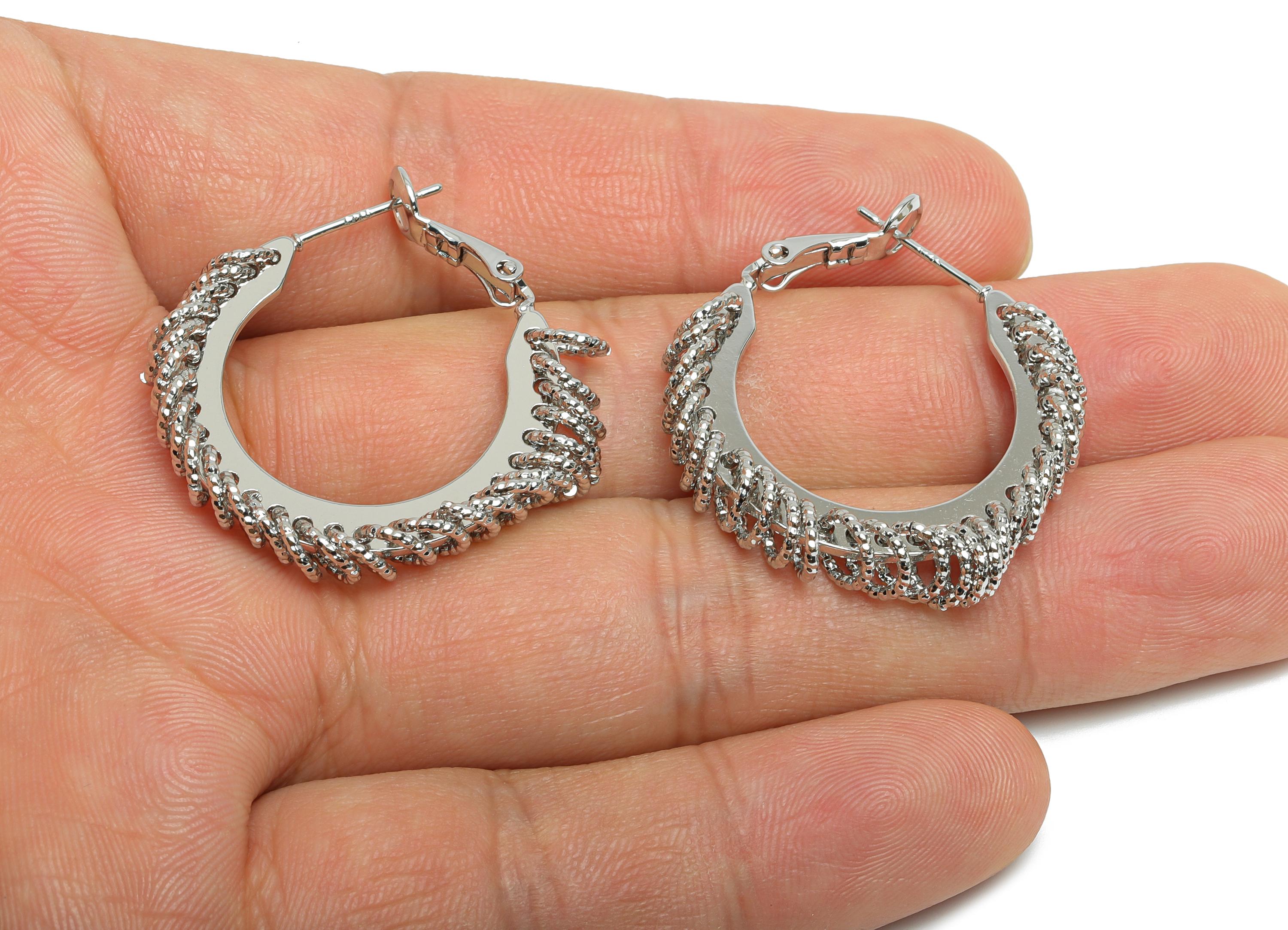 Brass Round Hoop Earring - White Intricate Hanging Ring Earring - Textured Clasp Back Earring - 18K White Gold Plated - 30x29x5mm - RGP9516S - DOMEDBAZAAR