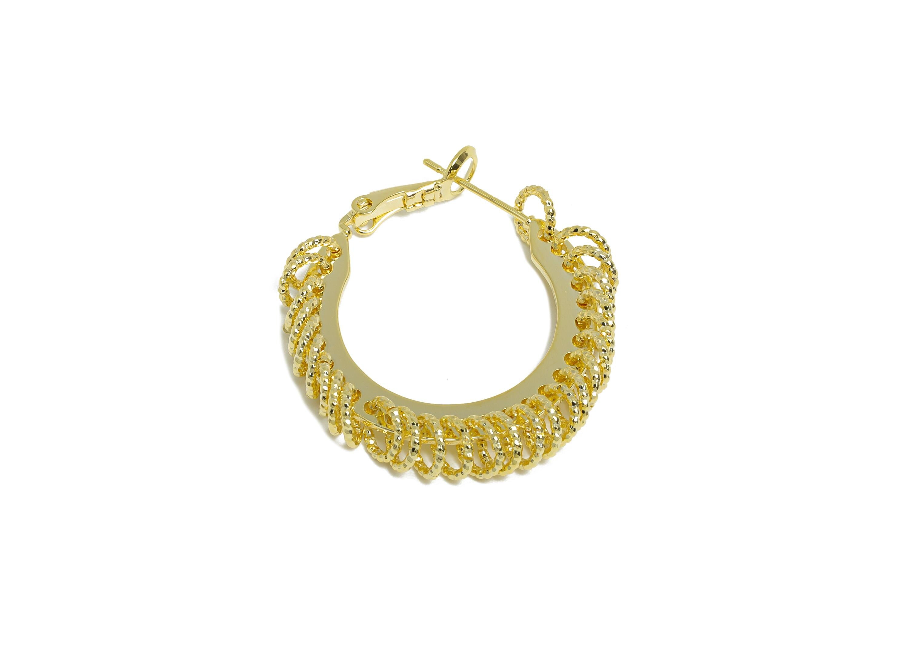 Brass Round Hoop Earring - Gold Intricate Hanging Ring Earring - Textured Clasp Back Earring - 14K Real Gold Plated - 30x29x5mm - RGP9516-14 - DOMEDBAZAAR