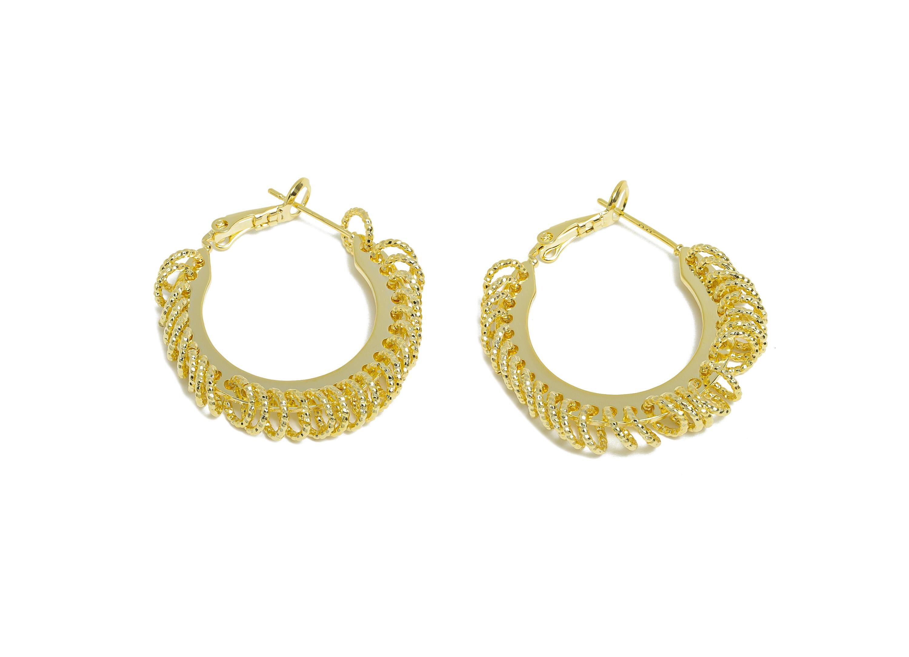 Brass Round Hoop Earring - Gold Intricate Hanging Ring Earring - Textured Clasp Back Earring - 14K Real Gold Plated - 30x29x5mm - RGP9516-14 - DOMEDBAZAAR