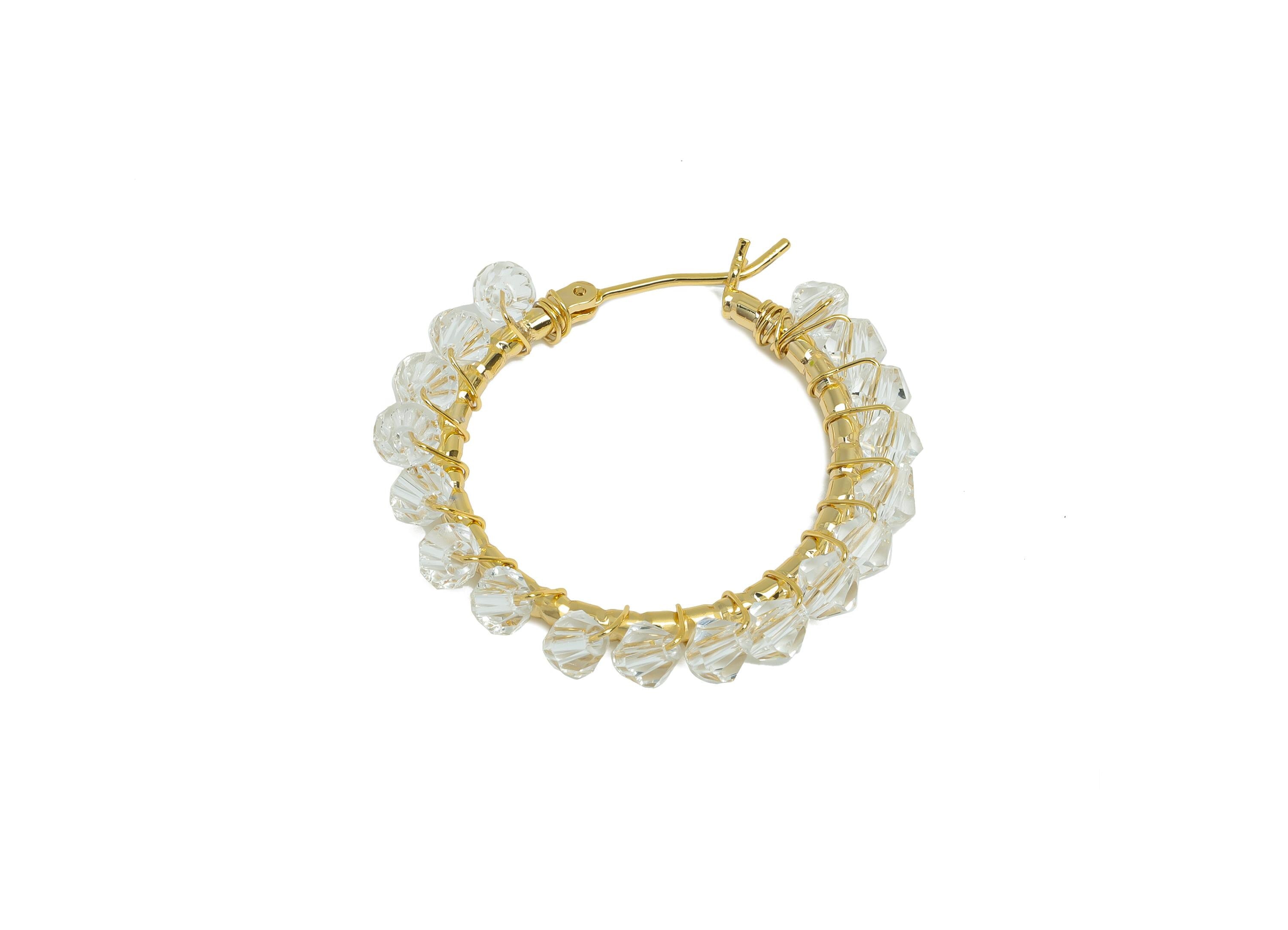 Brass Beaded Hoop Earring - Gold Braided Zircon Earring - Geometric Hinged Back Earring - 18K Real Gold-Plated Brass - 32x29x3.8mm - RGP9447 - DOMEDBAZAAR