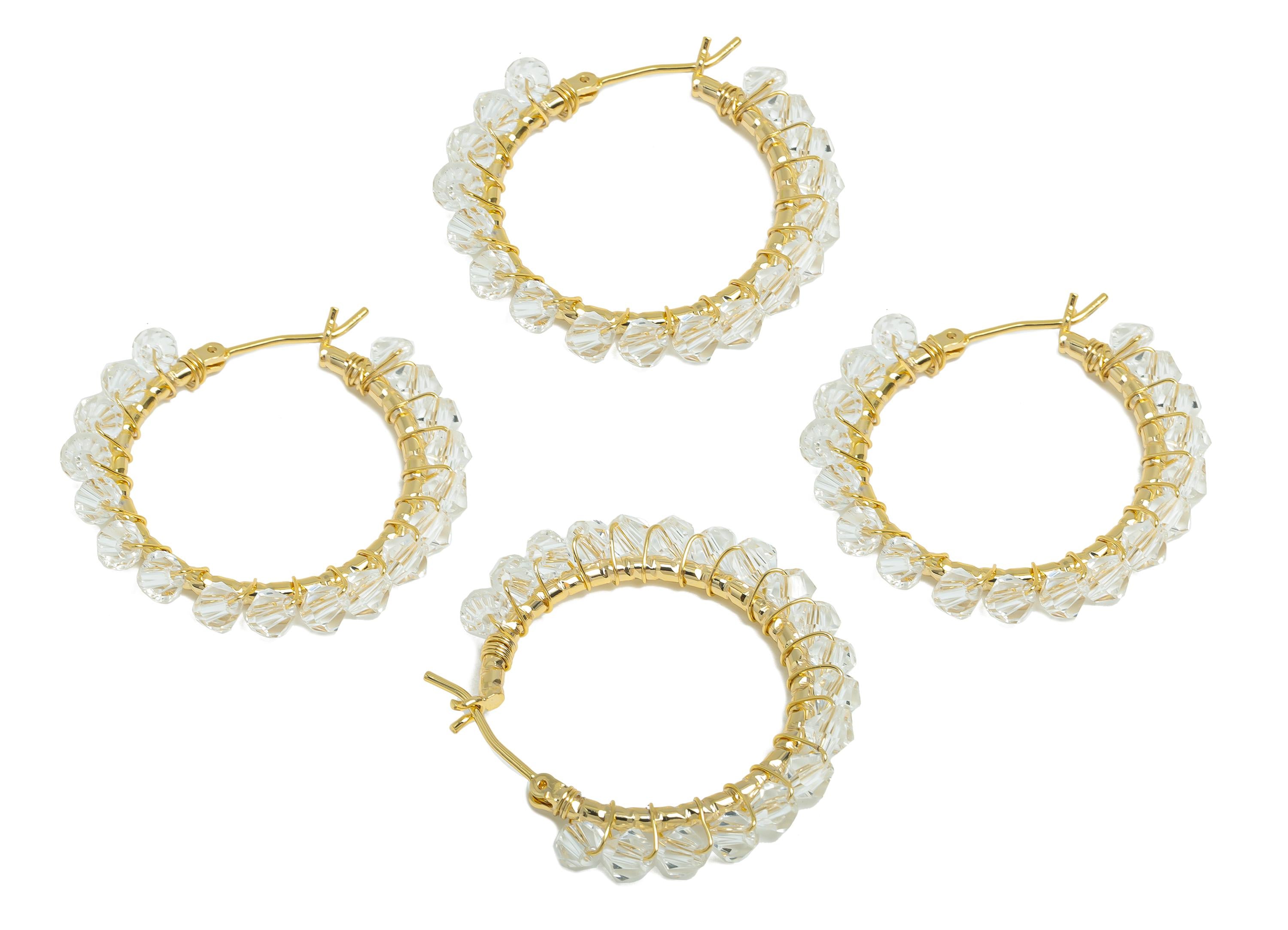 Brass Beaded Hoop Earring - Gold Braided Zircon Earring - Geometric Hinged Back Earring - 18K Real Gold-Plated Brass - 32x29x3.8mm - RGP9447 - DOMEDBAZAAR