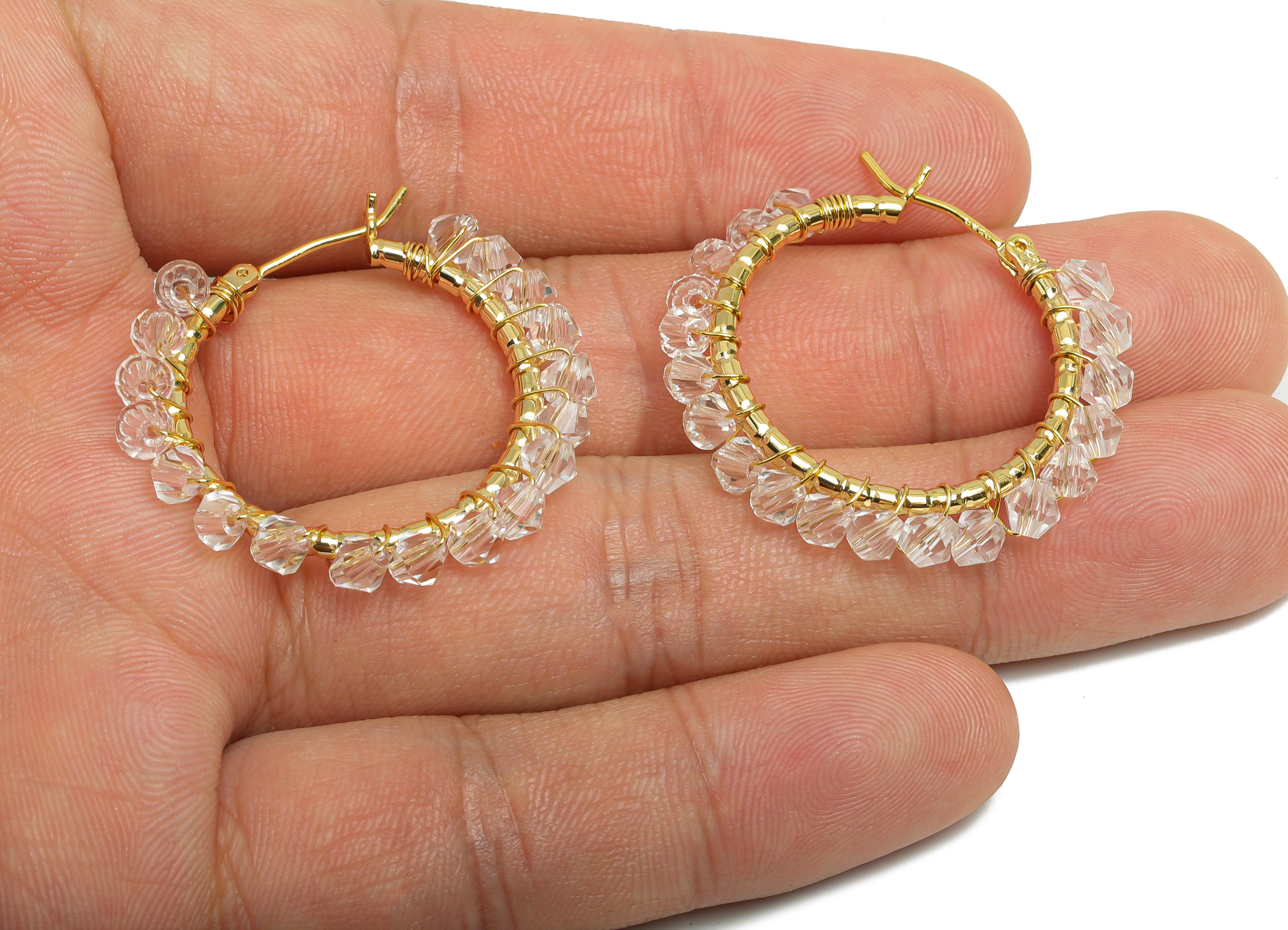 Brass Beaded Hoop Earring - Gold Braided Zircon Earring - Geometric Hinged Back Earring - 18K Real Gold-Plated Brass - 32x29x3.8mm - RGP9447 - DOMEDBAZAAR