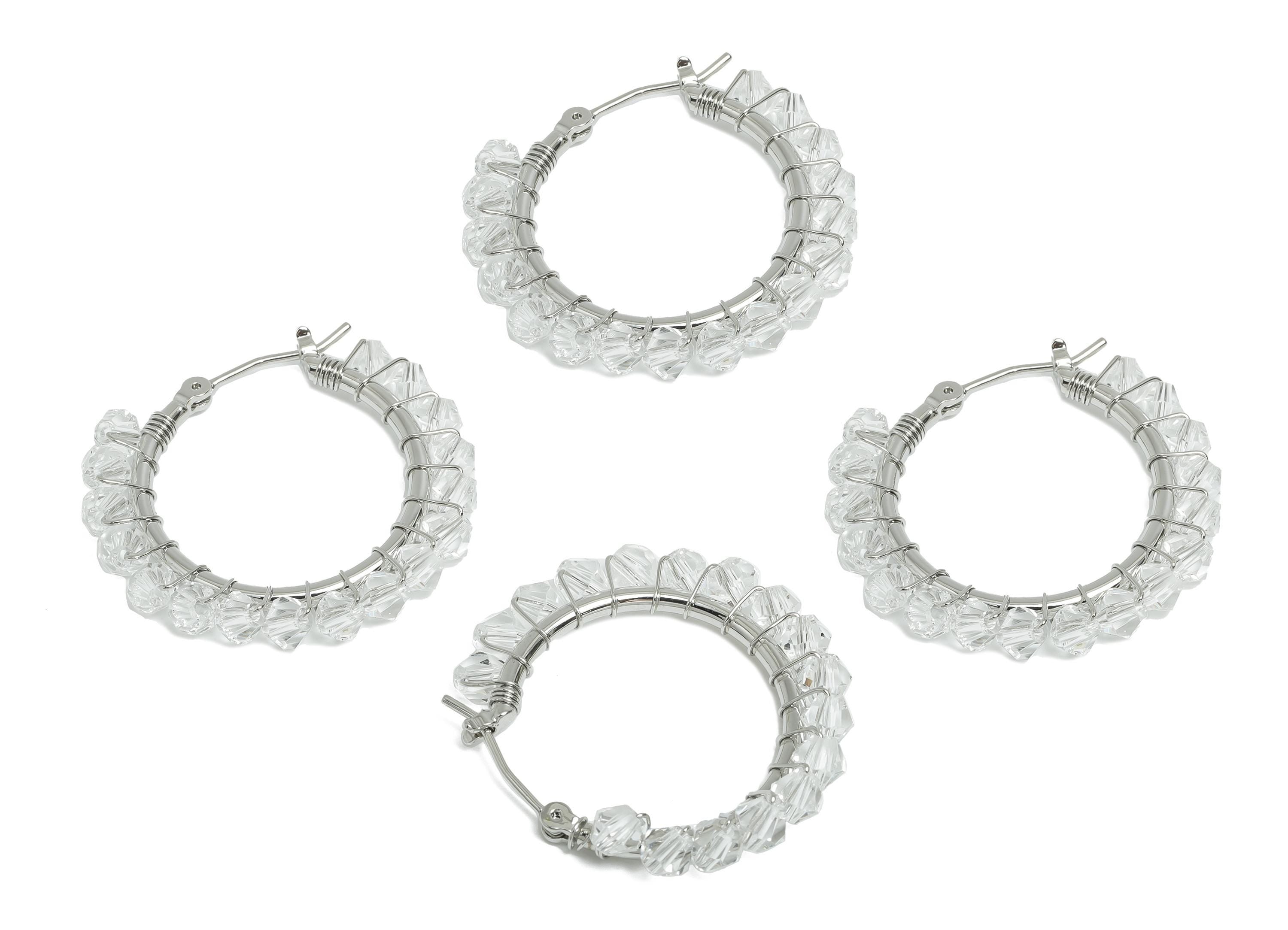 Brass Beaded Hoop Earring - White Braided Zircon Earring - Geometric Hinged Back Earring -18K Real White Gold-Plated -32x29x3.8mm - RGP9447S - DOMEDBAZAAR