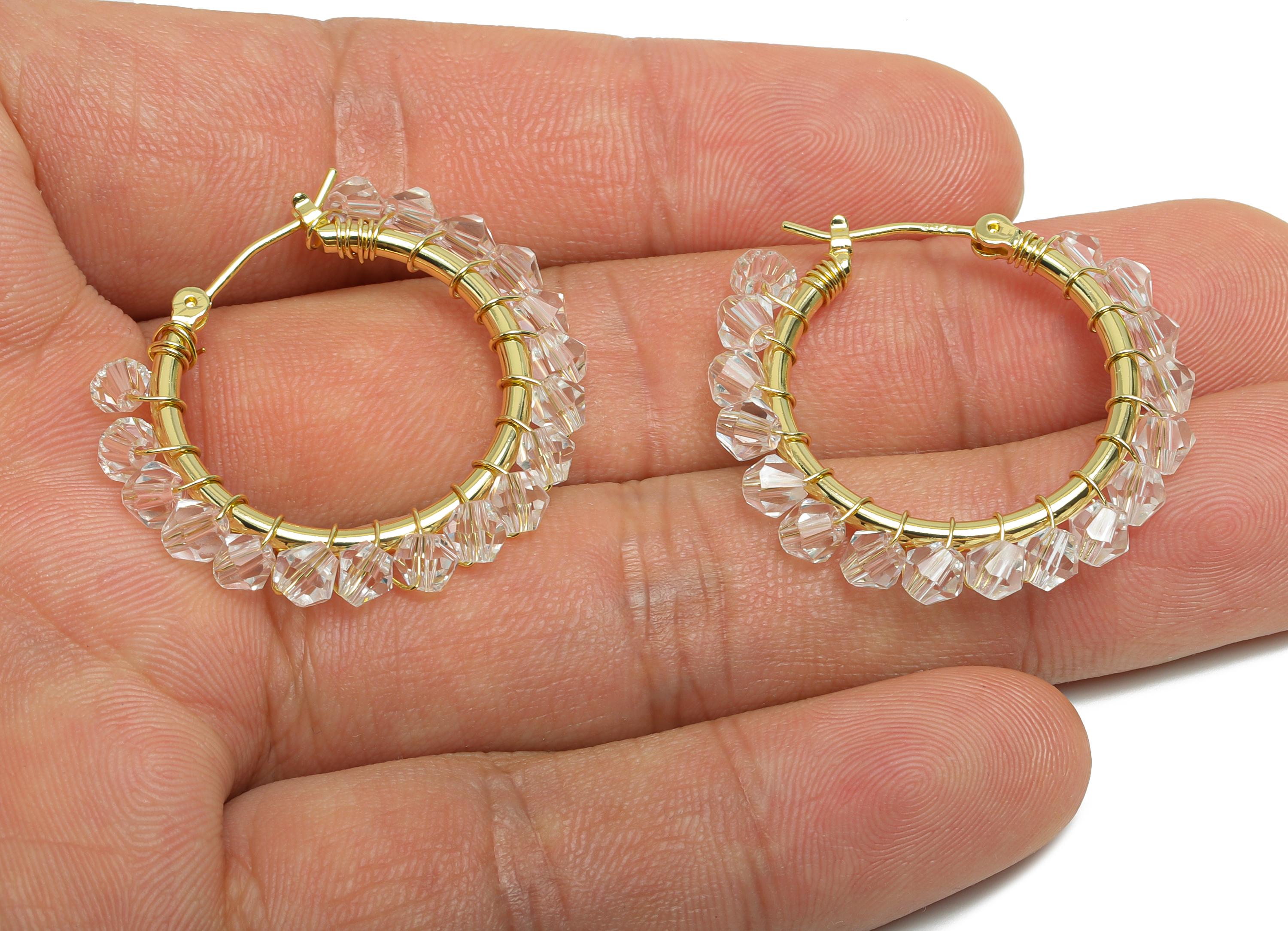 Brass Beaded Hoop Earrings - Gold Braided Zircon Earrings - Geometric Hinged Back Earrings - 14K Real Gold-Plated - 32x29x3.8mm - RGP9447-14 - DOMEDBAZAAR