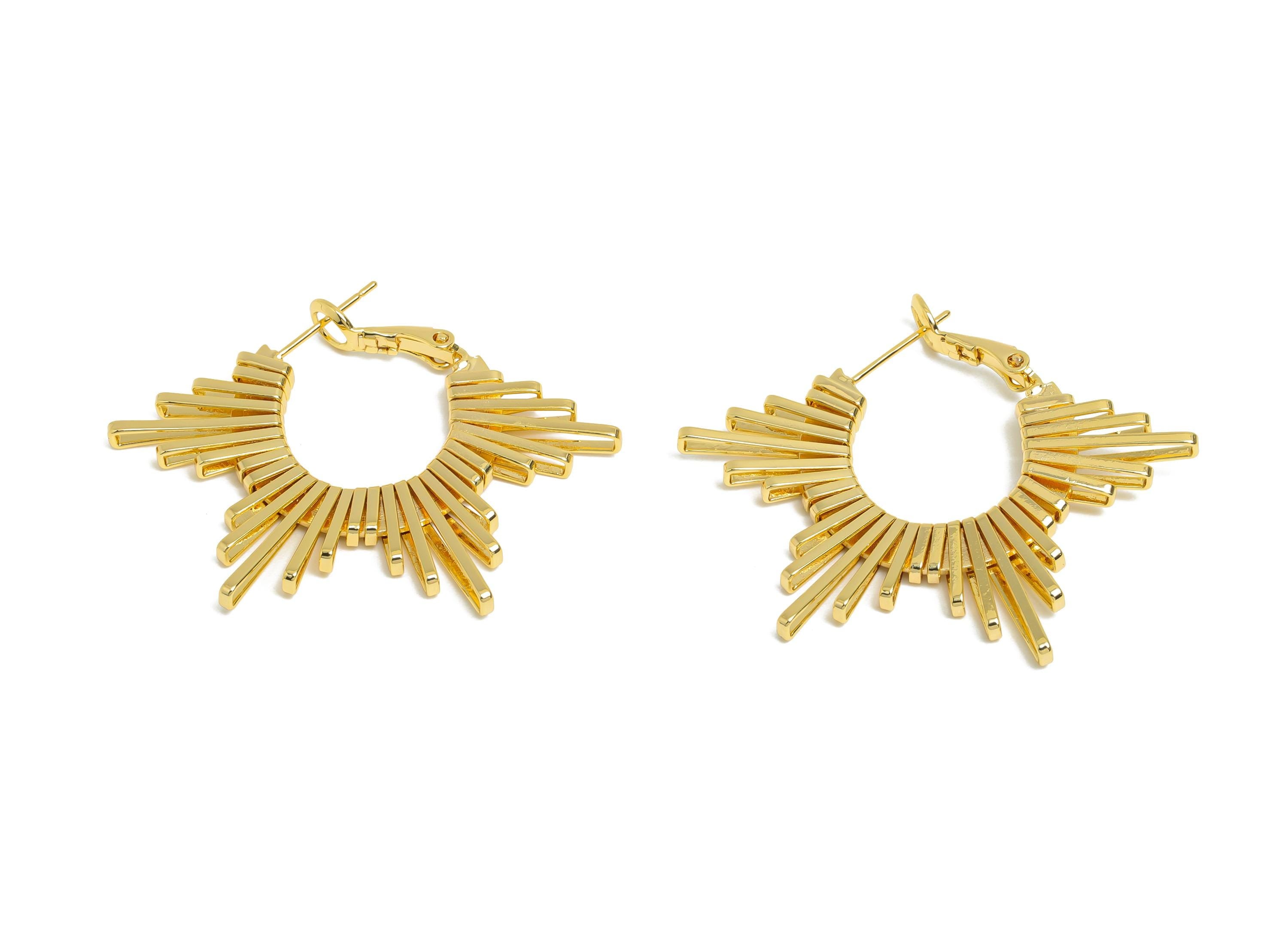 Brass Dazzling Sunray Earring - Gold Unique Fan Earring - Geometric Clasp Back Earrings - 18K Real Gold-Plated Brass - 45x31x2.8mm - RGP9520 - DOMEDBAZAAR