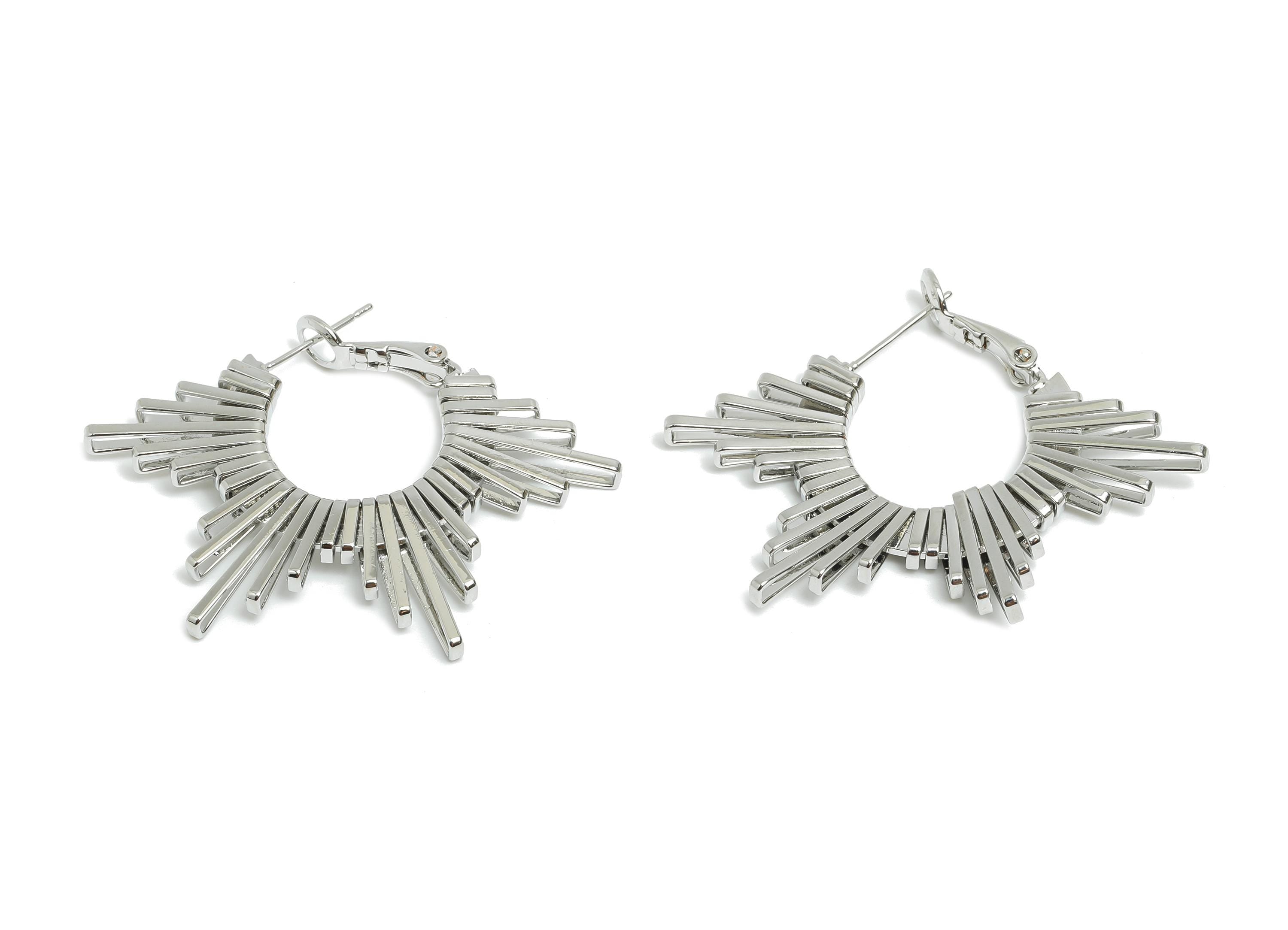 Brass Dazzling Sunray Earring - White Unique Fan Earring - Geometric Clasp Back Earring - 18K Real White Gold-Plated - 45x31x2.8mm -RGP9520S - DOMEDBAZAAR