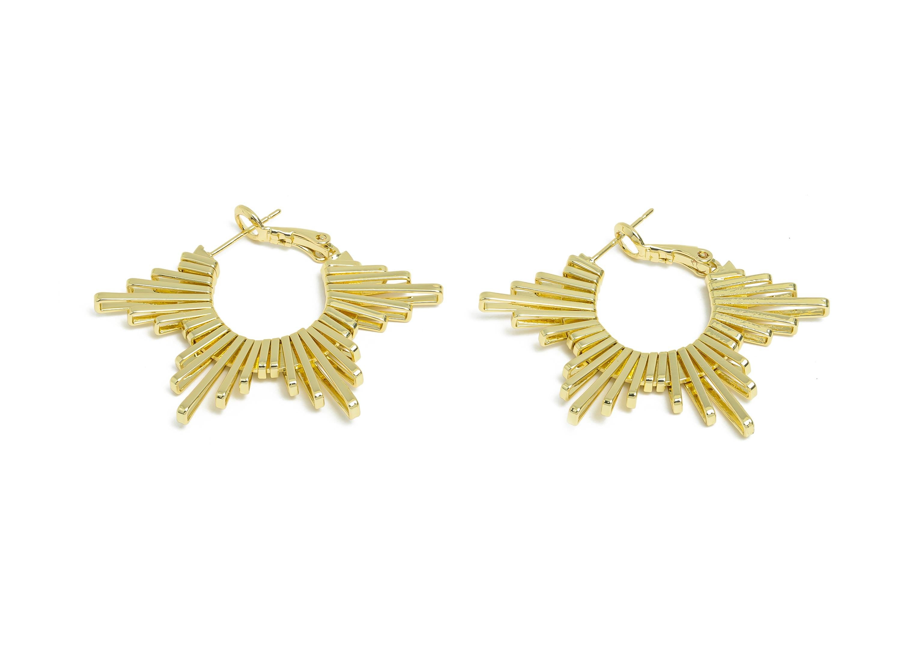 Brass Dazzling Sunray Earrings - Gold Unique Fan Earrings - Geometric Clasp Back Earrings - 14K Real Gold-Plated - 45x31x2.8mm - RGP9520-14 - DOMEDBAZAAR