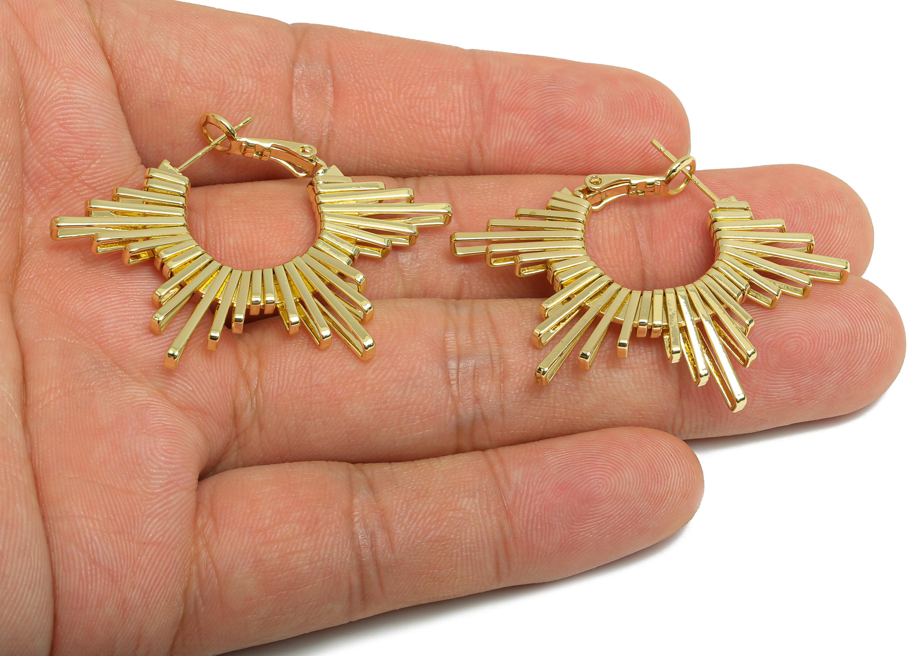 Brass Dazzling Sunray Earrings - Gold Unique Fan Earrings - Geometric Clasp Back Earrings - 14K Real Gold-Plated - 45x31x2.8mm - RGP9520-14 - DOMEDBAZAAR