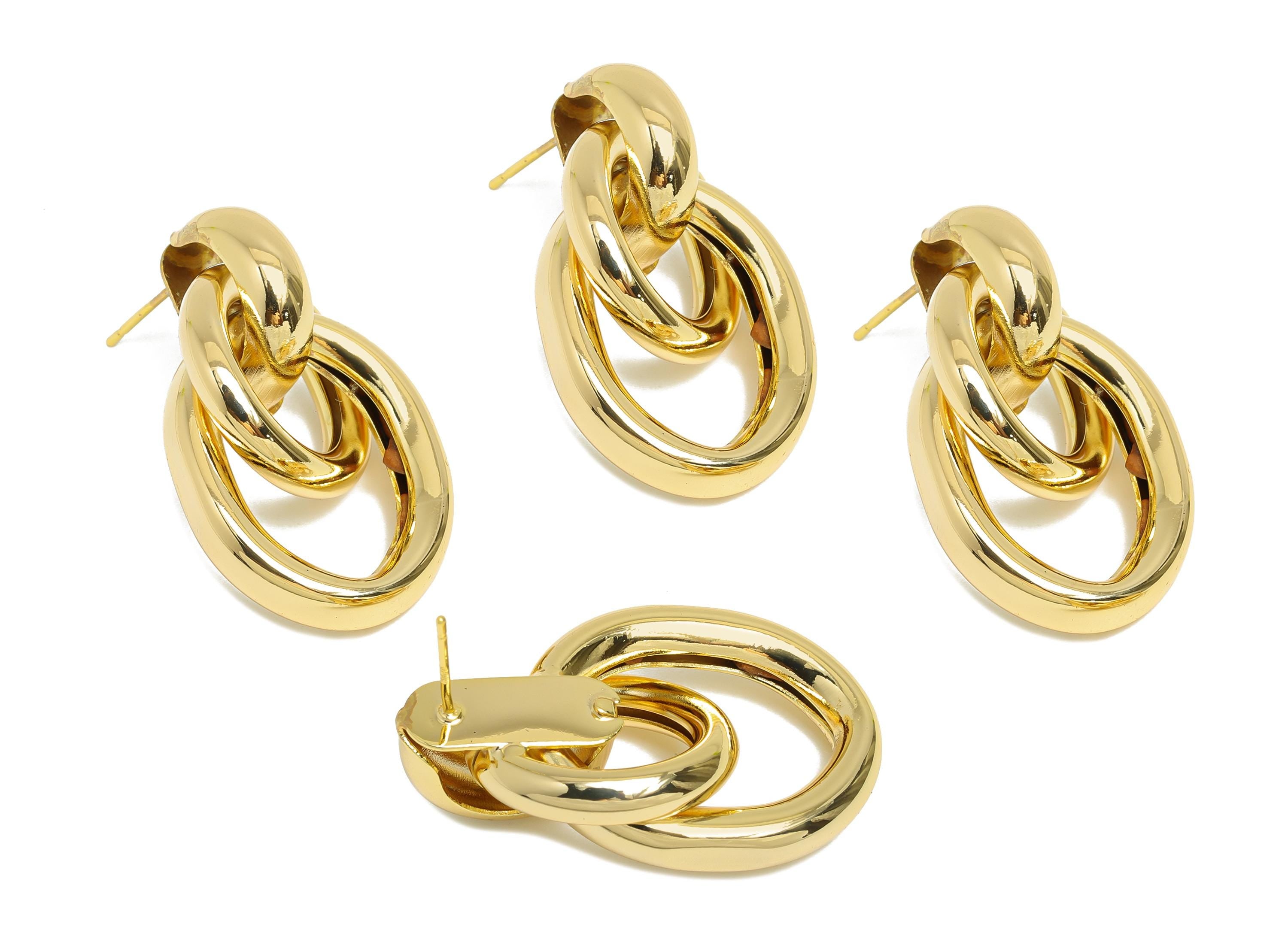 Brass Dangle Earrings Stud - Gold Interlock Chain Earring Post - Statement Dangle Earrings Post -18K Real Gold-Plated - 35x21x11mm -RGP9448 - DOMEDBAZAAR