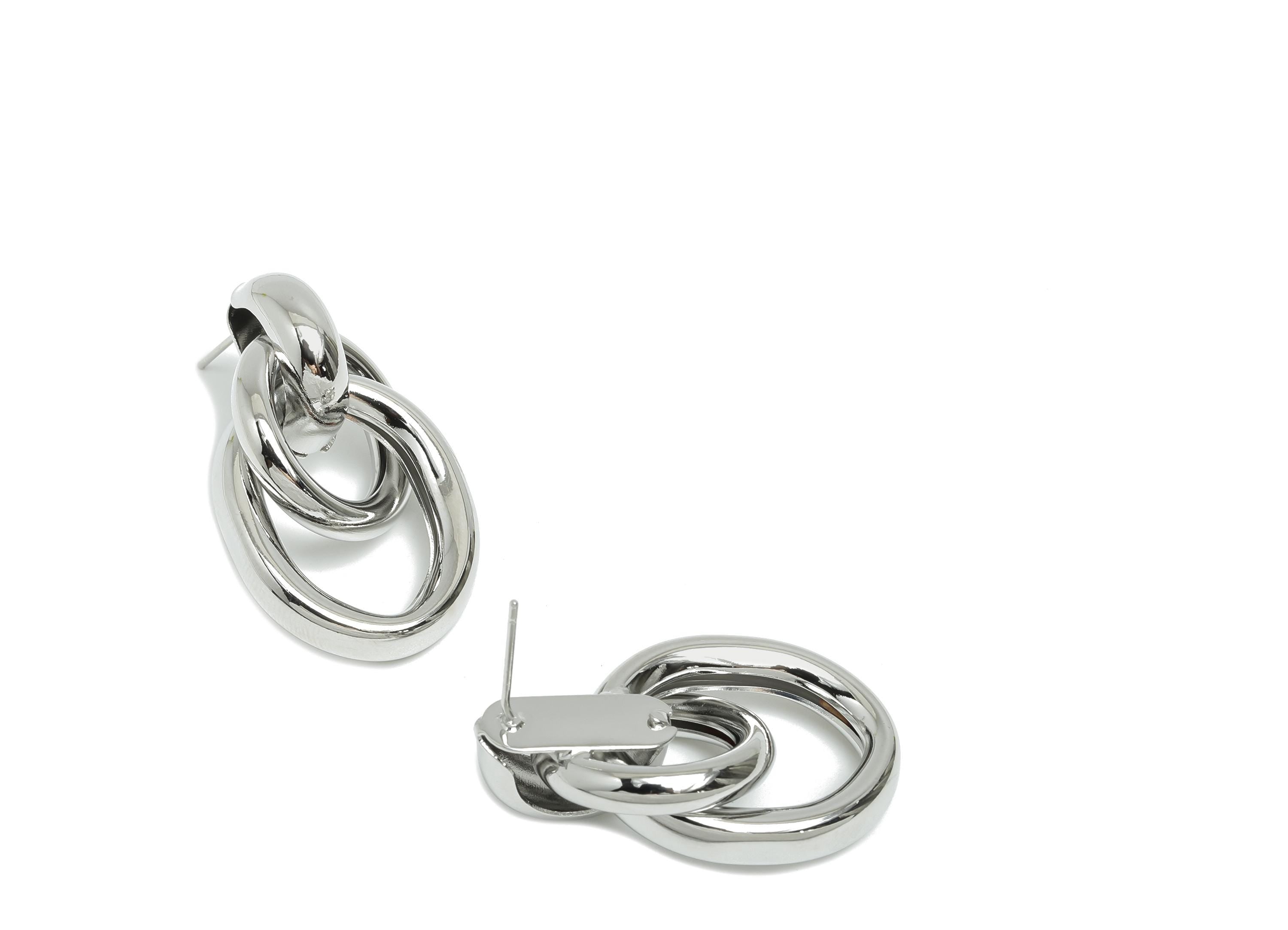 Brass Dangle Earring Stud - White Interlock Chain Earring Post - Statement Dangle Earring Post -18K White Gold-Plated - 35x21x11mm -RGP9448S - DOMEDBAZAAR