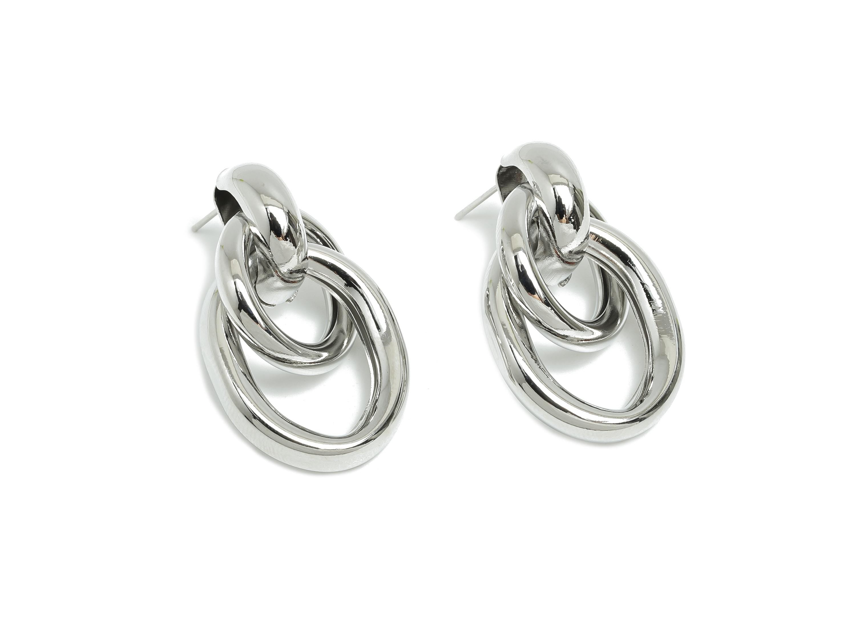 Brass Dangle Earring Stud - White Interlock Chain Earring Post - Statement Dangle Earring Post -18K White Gold-Plated - 35x21x11mm -RGP9448S - DOMEDBAZAAR