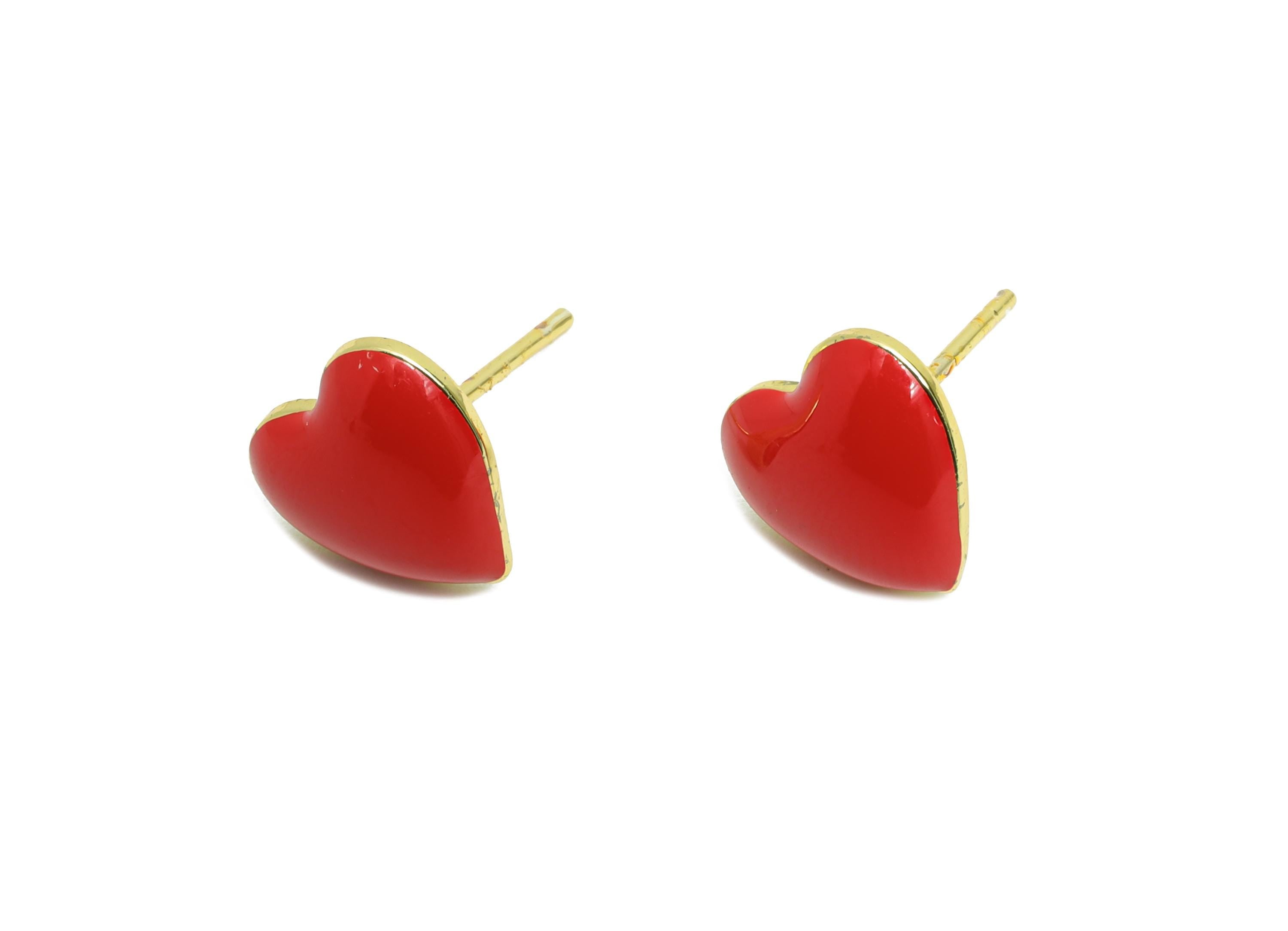 Brass Enamel Heart Stud - Red Enamel Chic Colorful Earrings Stud - Minimalism Jewelry - 18K Real Gold Plating - 9.88x9.74x0.79mm - RGP9821 - DOMEDBAZAAR