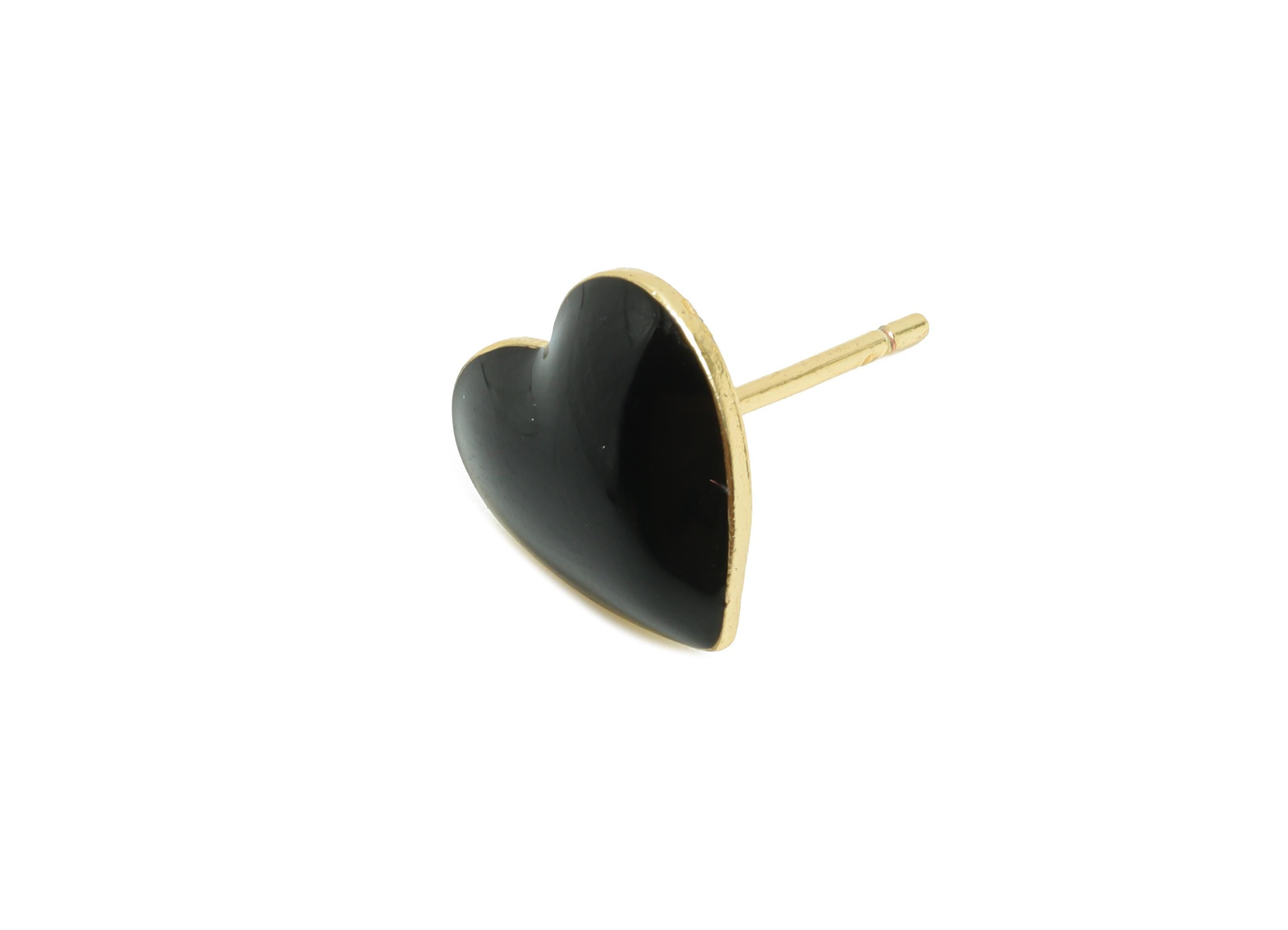 Brass Enamel Heart Stud - Black Enamel Chic Colorful Earrings Stud - Minimalism Jewelry - 18K Real Gold Plating - 9.88x9.74x0.79mm - RGP9822 - DOMEDBAZAAR