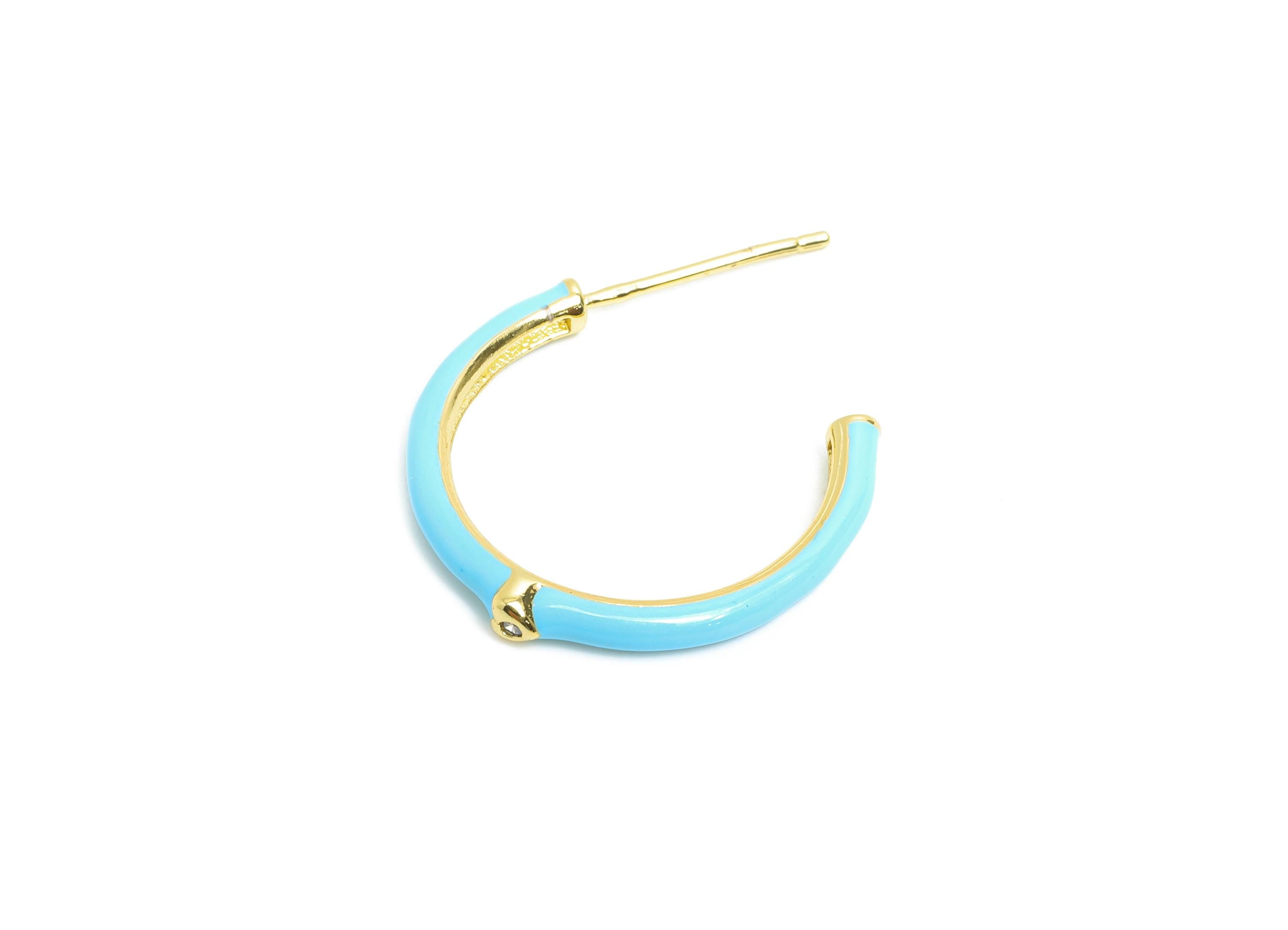 Brass Open C Hoop Stud - Blue Enamel CZ Hoop Stud Earring - Gold Minimalist Earring Post - 18K Real Gold Plated -19.17x25.33x0.77mm -RGP9744 - DOMEDBAZAAR
