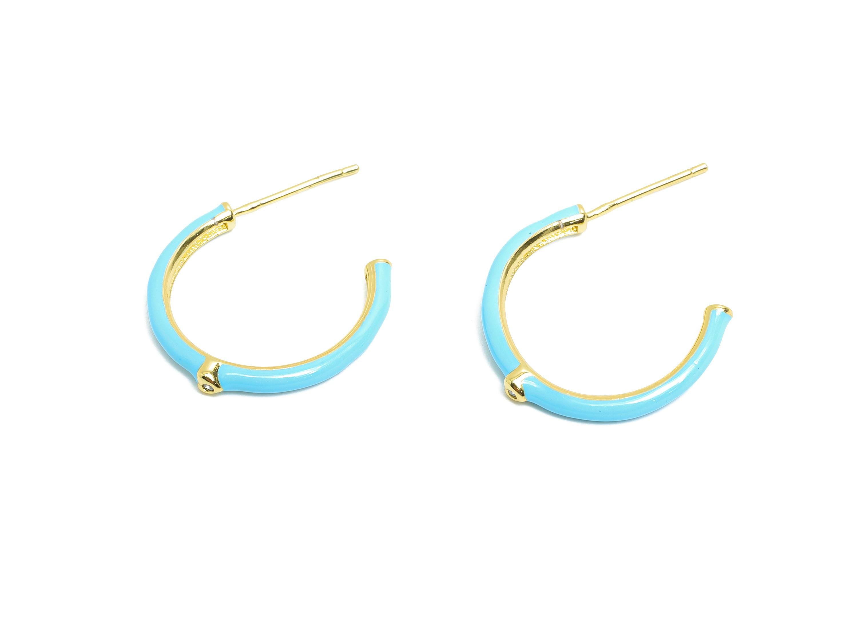 Brass Open C Hoop Stud - Blue Enamel CZ Hoop Stud Earring - Gold Minimalist Earring Post - 18K Real Gold Plated -19.17x25.33x0.77mm -RGP9744 - DOMEDBAZAAR