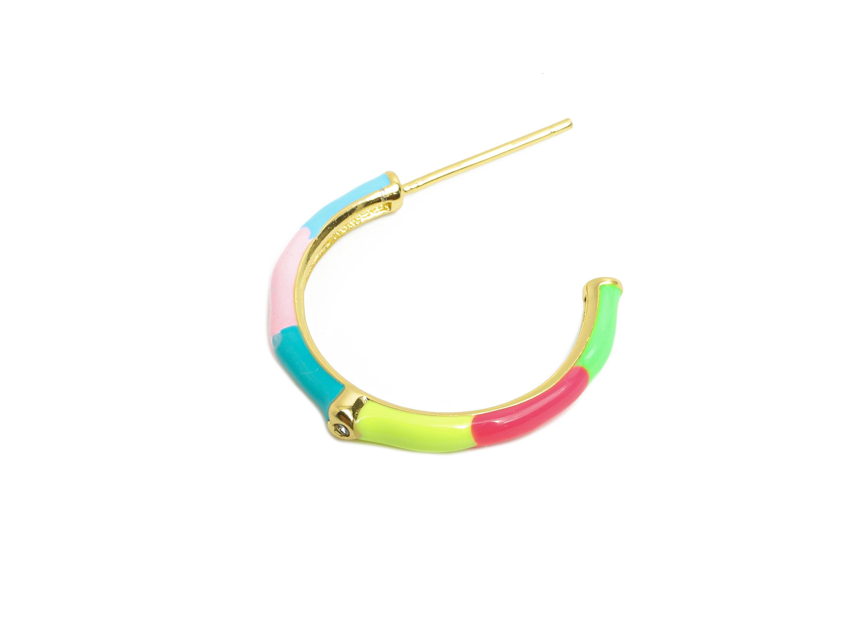 Brass Open C Hoop Stud - Rainbow Enamel CZ Hoop Stud Earring - Gold Minimalist Earring Post - 18K Gold Plated -19.17x25.33x0.77mm -RGP9746 - DOMEDBAZAAR