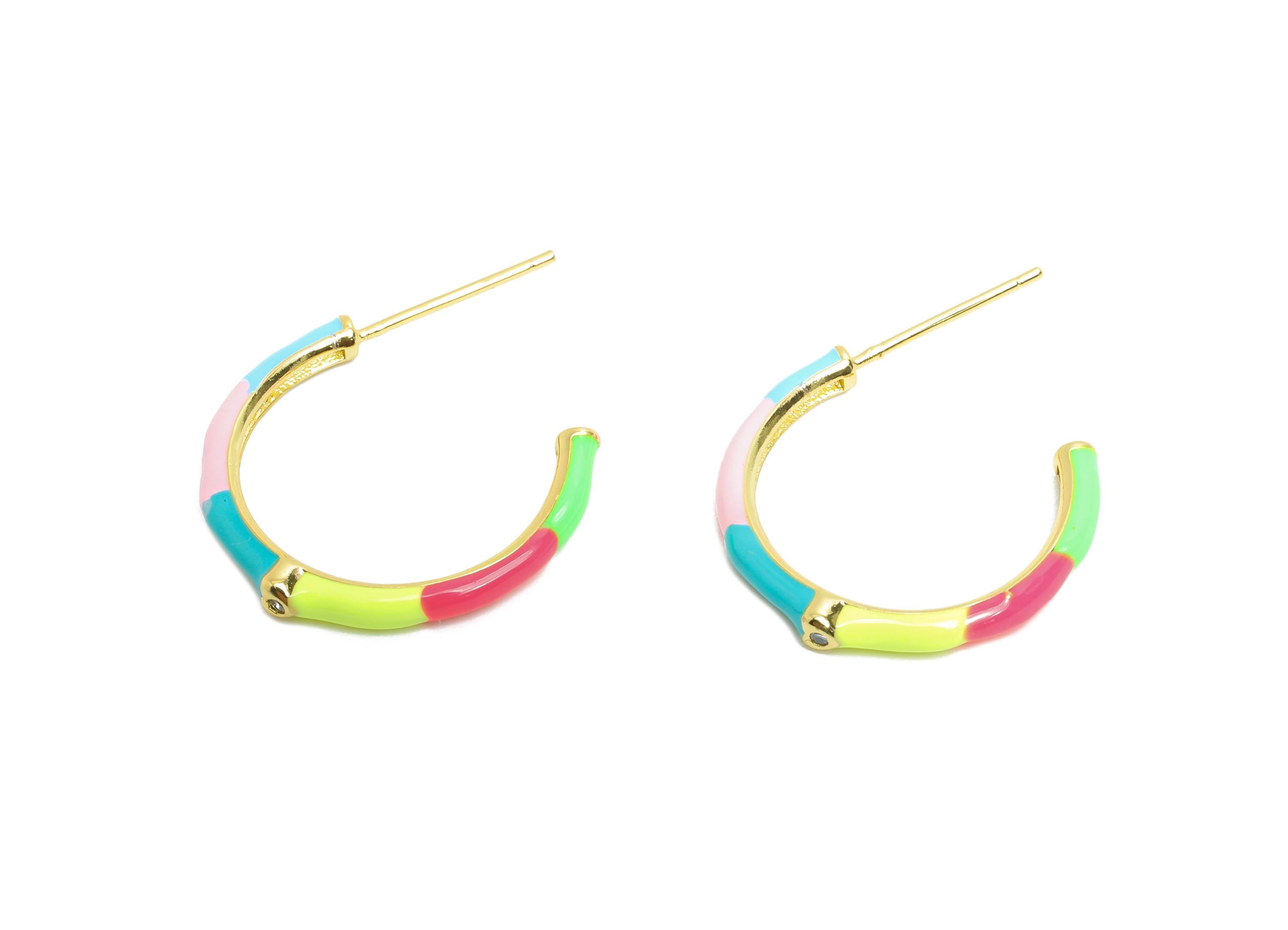 Brass Open C Hoop Stud - Rainbow Enamel CZ Hoop Stud Earring - Gold Minimalist Earring Post - 18K Gold Plated -19.17x25.33x0.77mm -RGP9746 - DOMEDBAZAAR