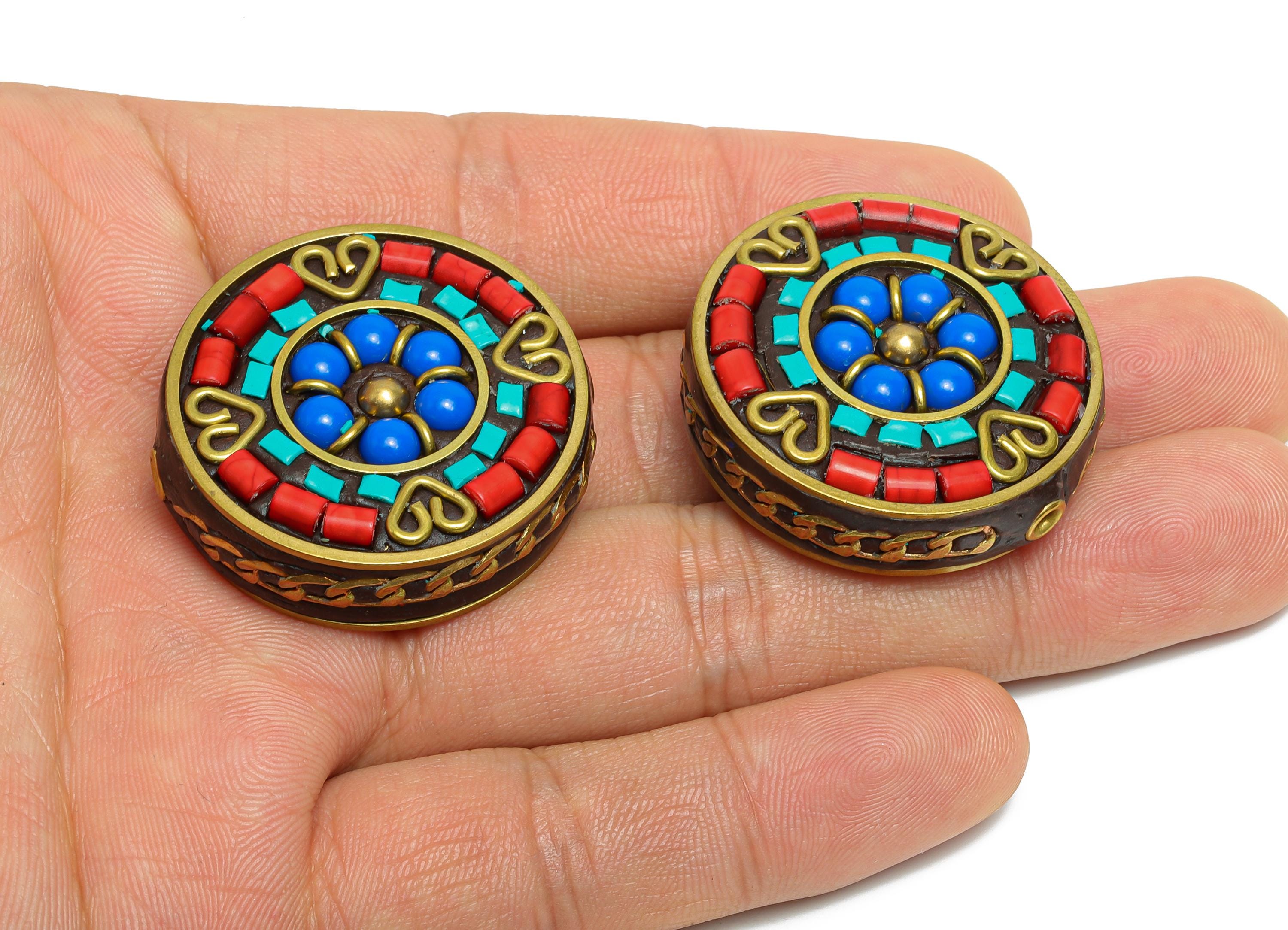 Nepal Handmade Brass Spacer Bead - Nepalese Colorful Bohemian Bead - Resin Tassel DIY Handmade Bracelet Accessories - 33x33x11mm -RGP9851 - DOMEDBAZAAR
