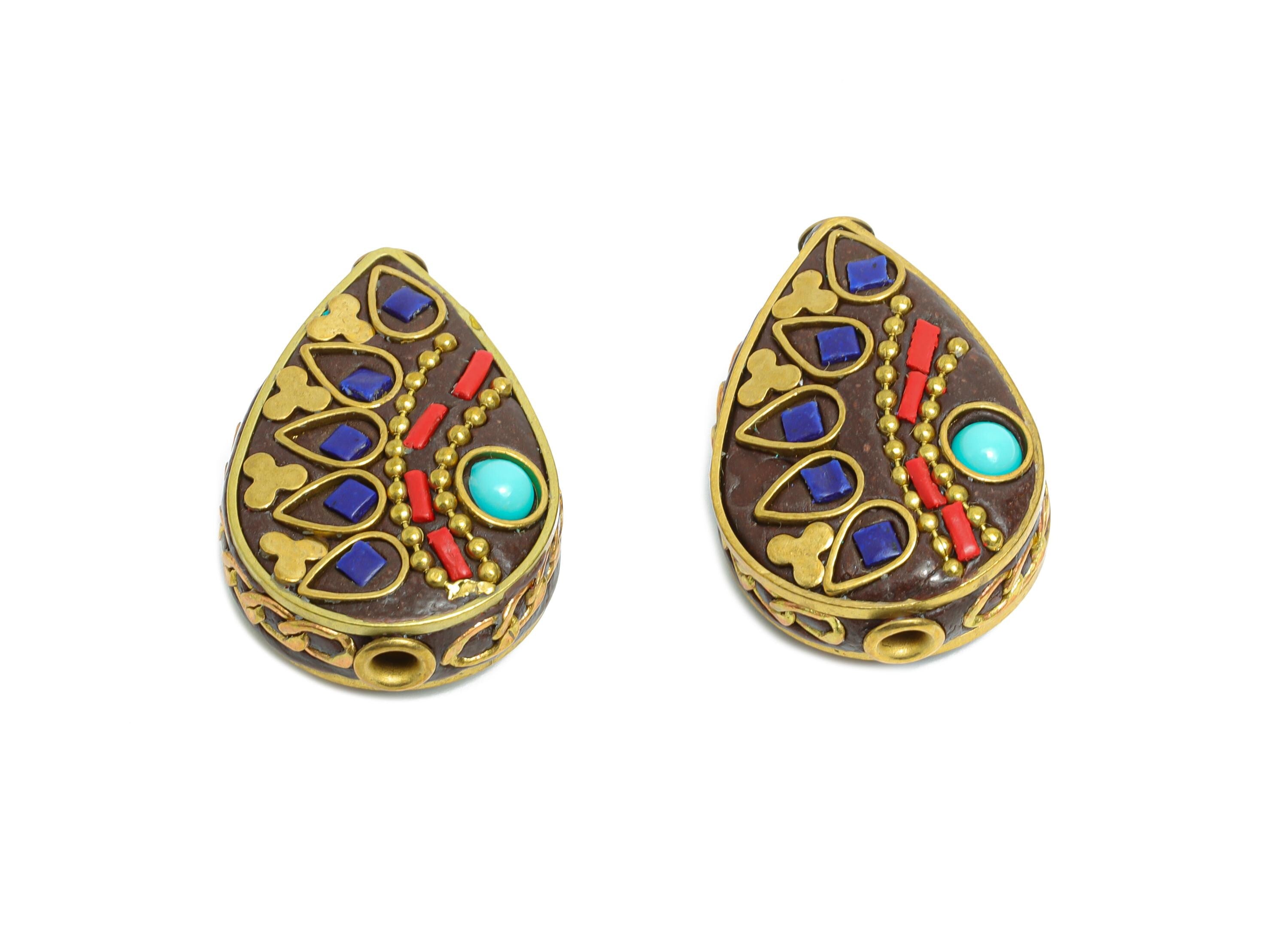 Teardrop Bohemian Bracelet Beads - Resin Nepalese Jewelry Artistry - Dainty  DIY Handmade - For DIY Jewelry - 26x18x9mm - RGP9860 - DOMEDBAZAAR