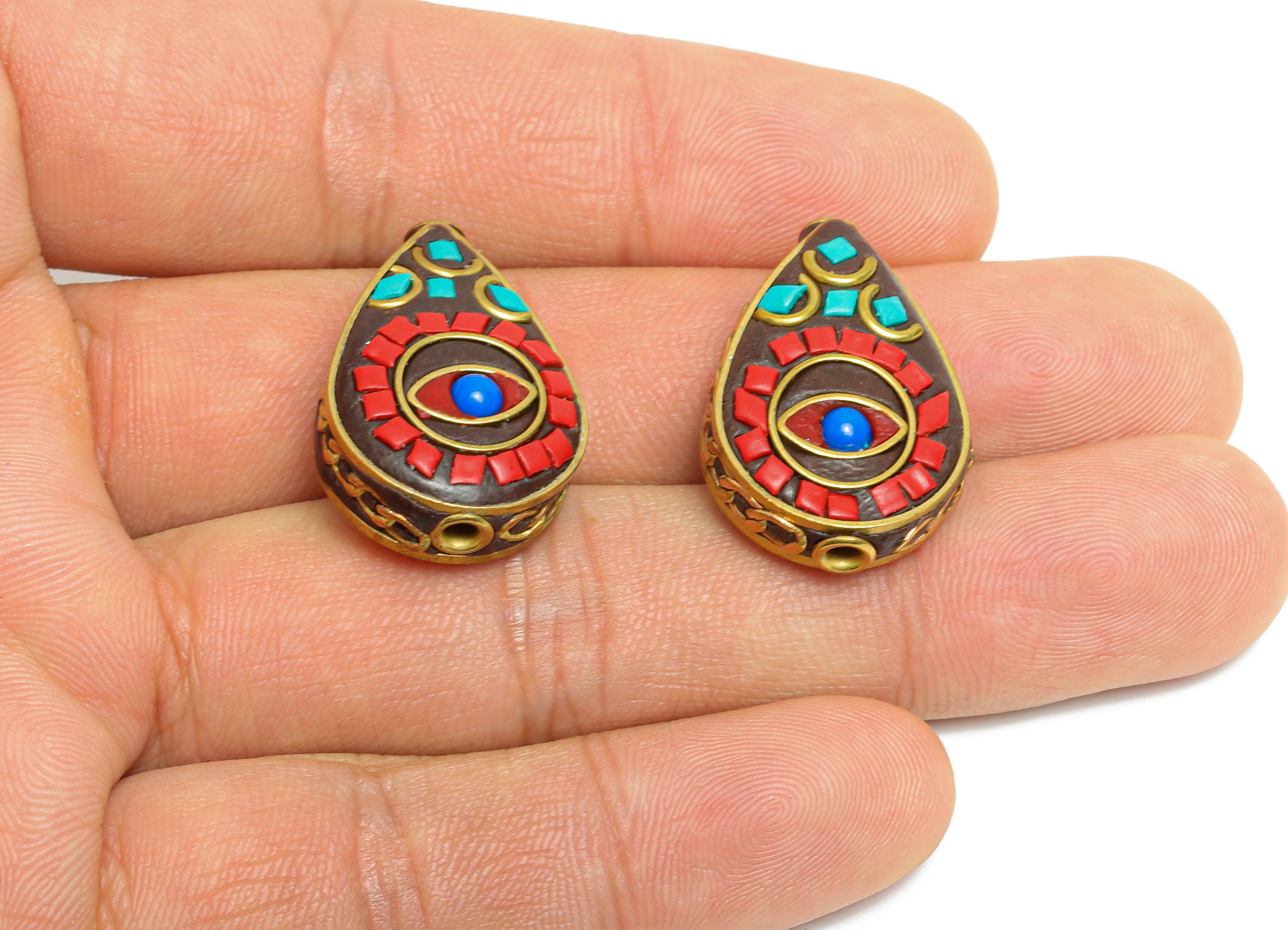 Brass Teardrop Bohemian Bracelet Beads - Resin Nepalese Jewelry Artistry - Dainty  DIY Handmade - For DIY Jewelry - 26x18x9mm - RGP9859 - DOMEDBAZAAR