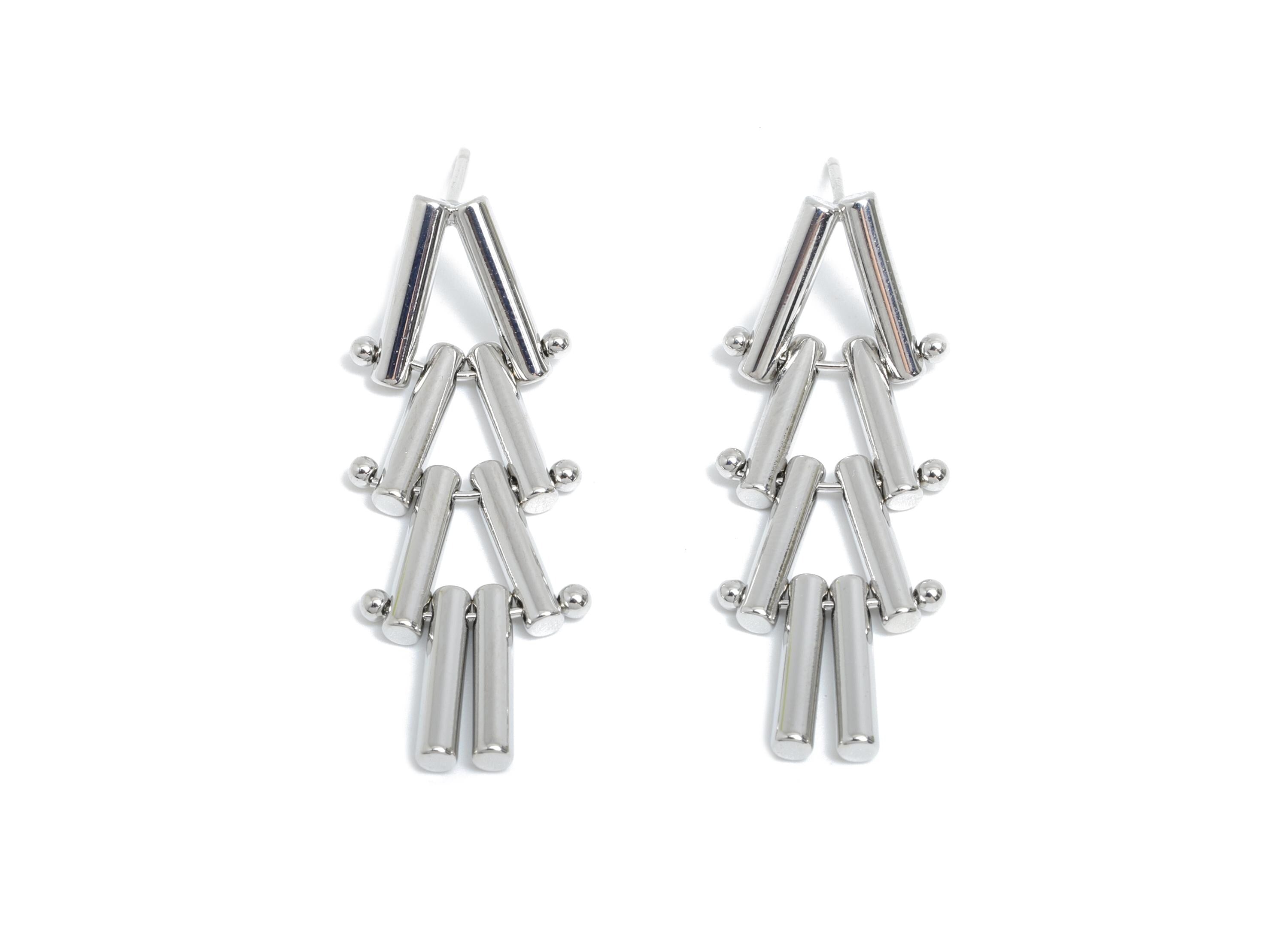 Triangle Dangle Earring - Brass Interlock Earring Post - White Unique Geometric Earring -18K Real White Gold Plated -38x13.7x2.5mm -RGP9519S - DOMEDBAZAAR