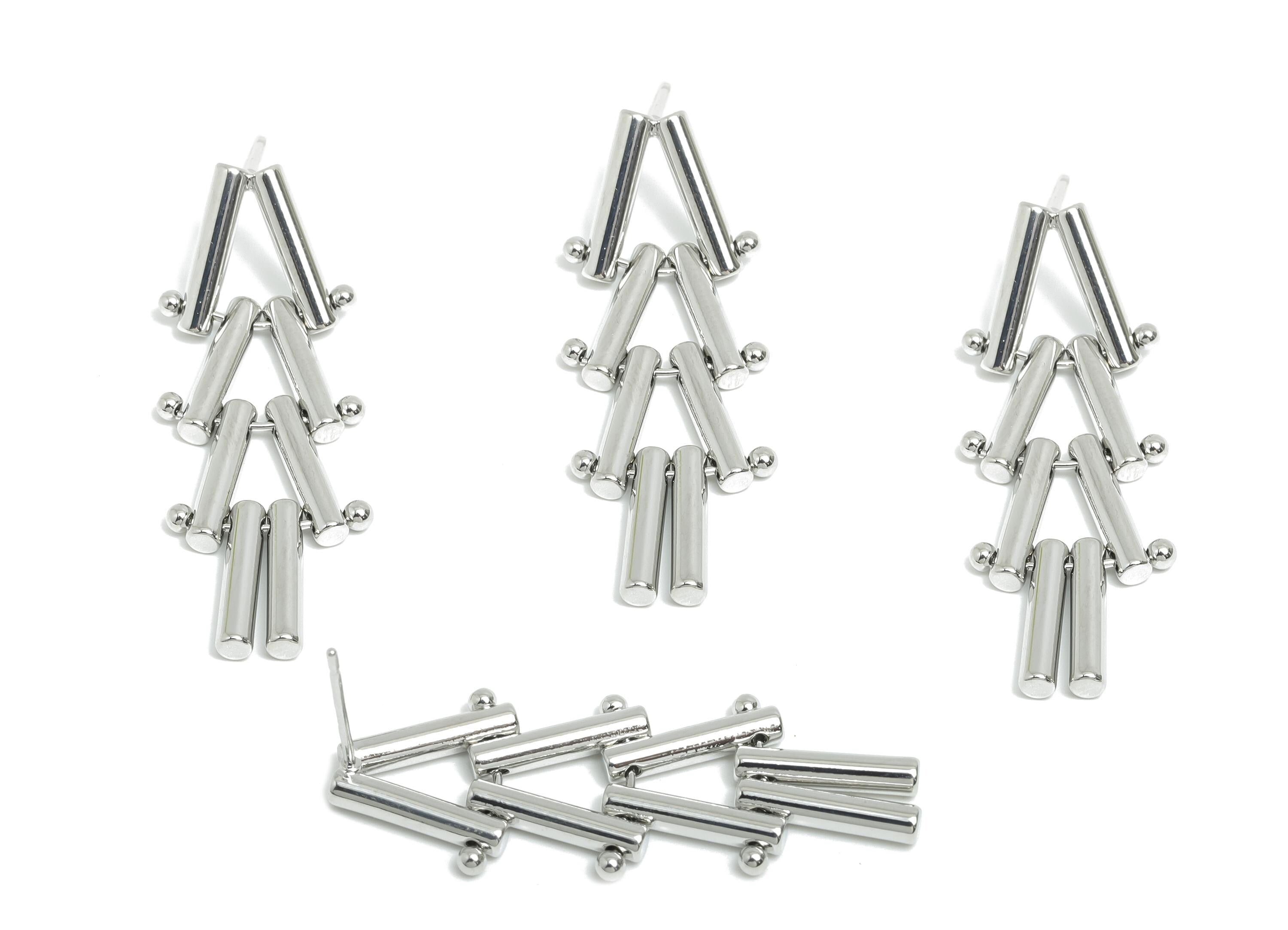 Triangle Dangle Earring - Brass Interlock Earring Post - White Unique Geometric Earring -18K Real White Gold Plated -38x13.7x2.5mm -RGP9519S - DOMEDBAZAAR