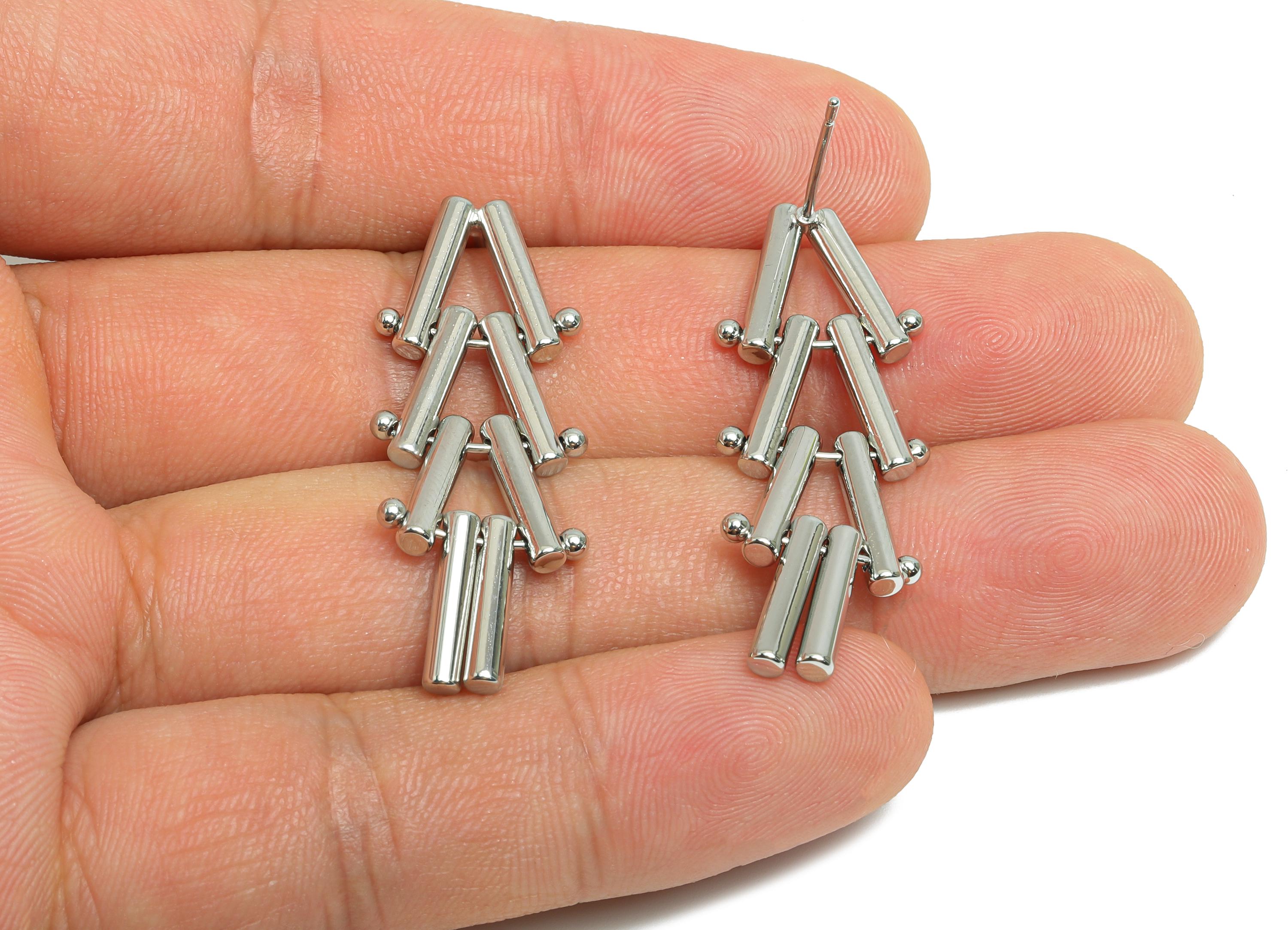 Triangle Dangle Earring - Brass Interlock Earring Post - White Unique Geometric Earring -18K Real White Gold Plated -38x13.7x2.5mm -RGP9519S - DOMEDBAZAAR