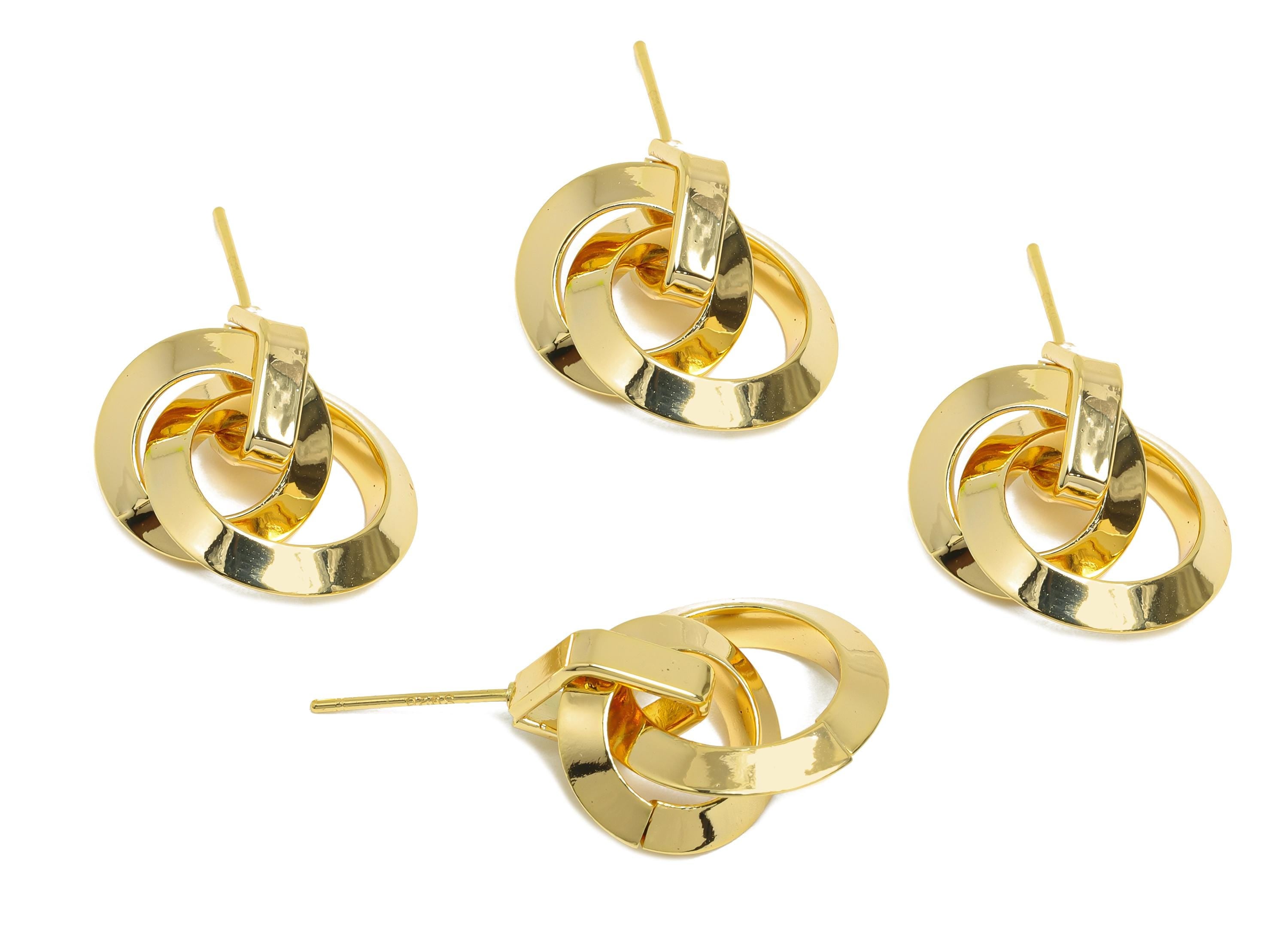 Brass Dangle Chain Earrings Stud - Gold Interlock Hoop Earring Post - Bold Dangle Earrings Post -18K Real Gold-Plated - 20.4x17x3mm -RGP9530 - DOMEDBAZAAR