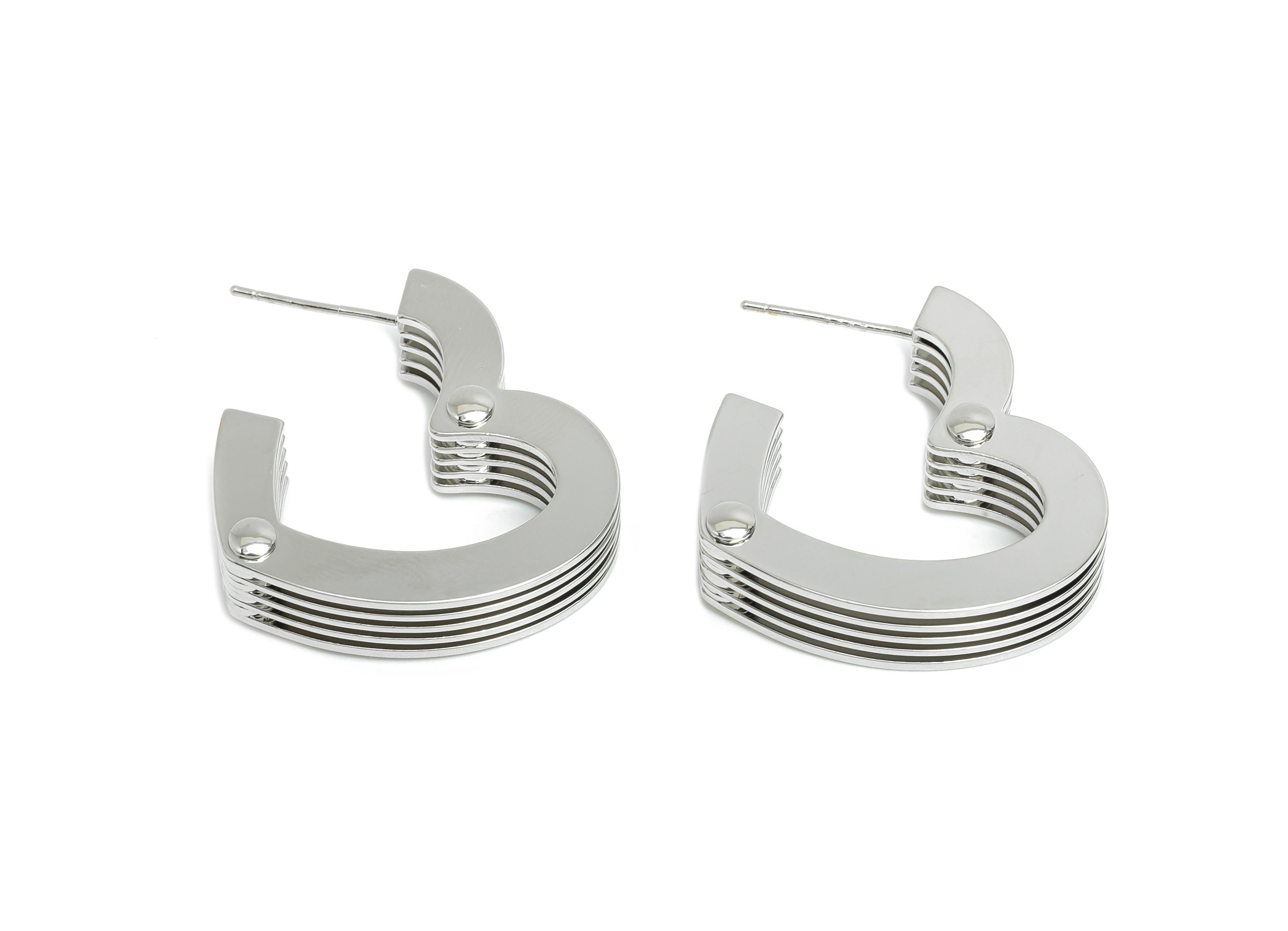 Brass Stacked Heart Earring - White 5 Layers Heart Earring Post - Statement Earring Post - 18K Real White Gold Plated -25x24x6.8mm- RGP9526S - DOMEDBAZAAR