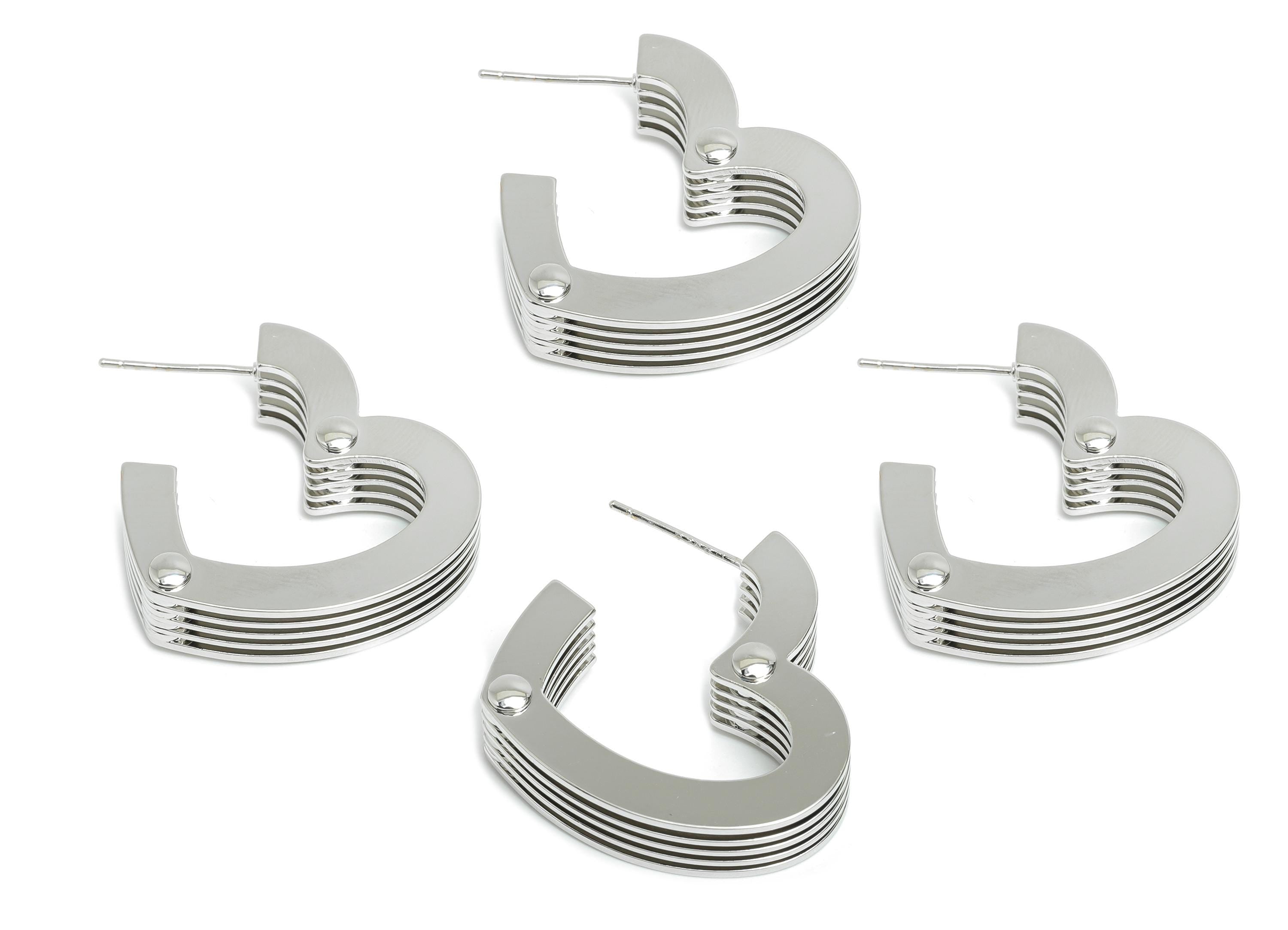 Brass Stacked Heart Earring - White 5 Layers Heart Earring Post - Statement Earring Post - 18K Real White Gold Plated -25x24x6.8mm- RGP9526S - DOMEDBAZAAR