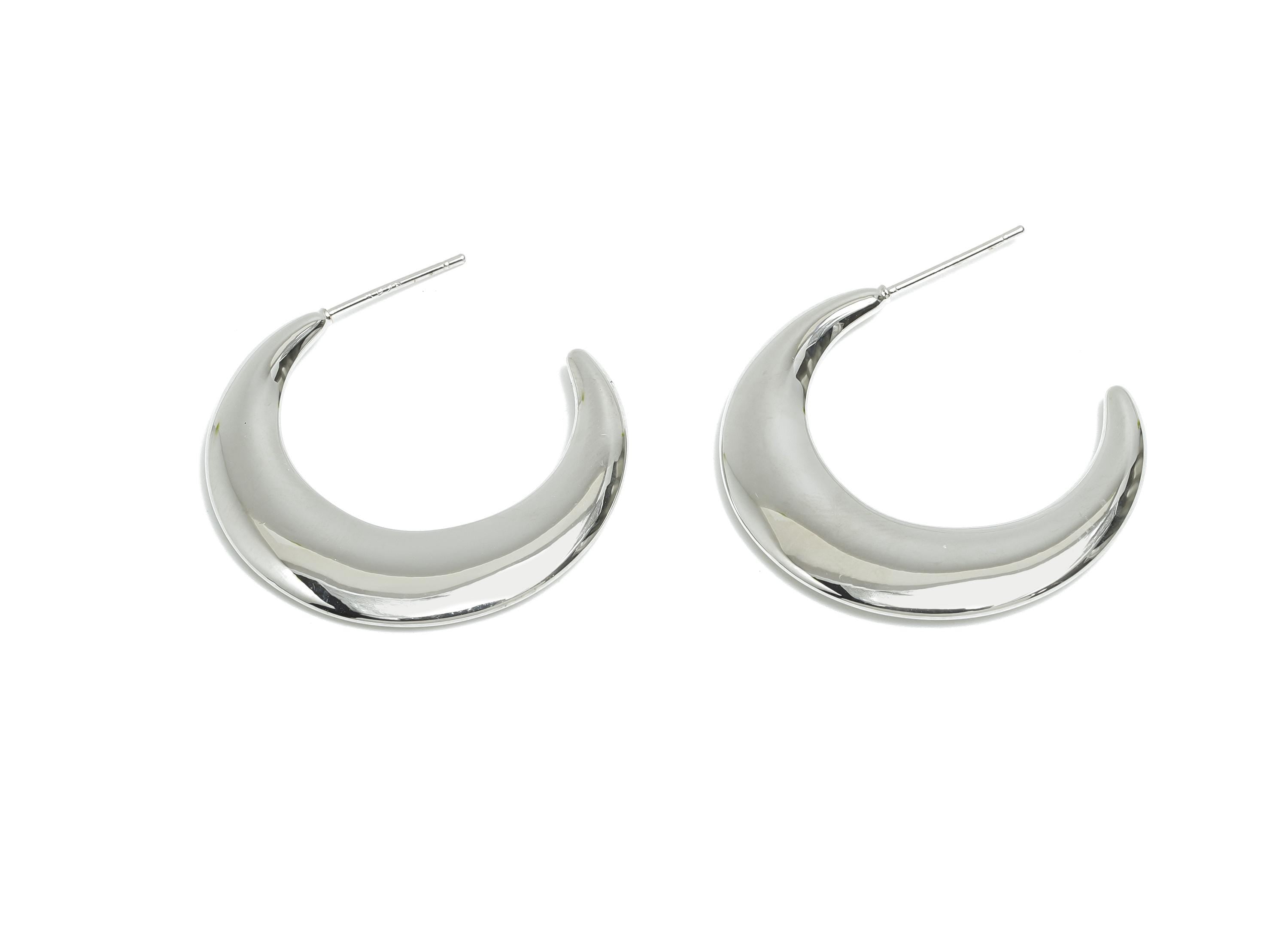 Brass Crescent Earring Stud - White Half-Moon Earring - Minimalist Open C Hoop Earring Post- 18K White Gold-Plated -29.6x4x2.28mm -RGP9501S - DOMEDBAZAAR