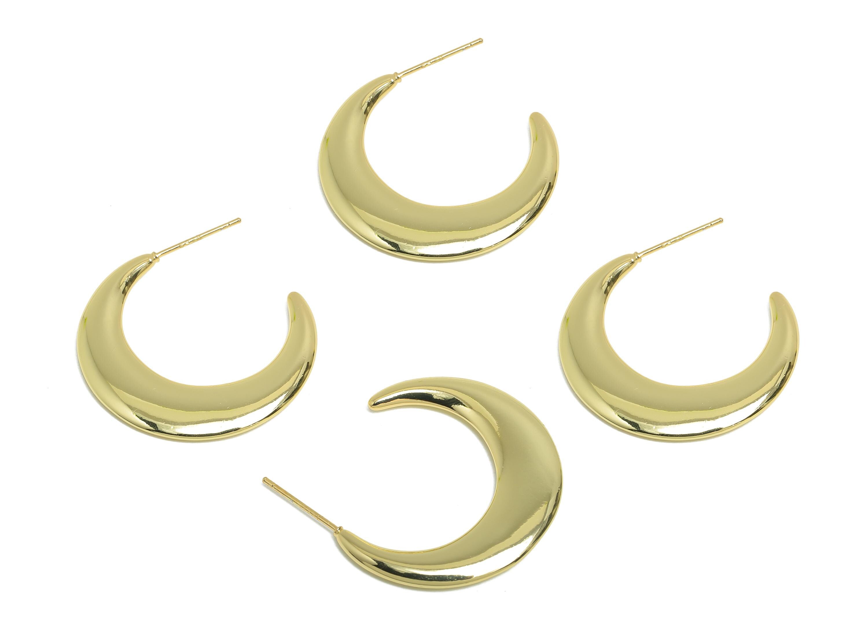 Brass Crescent Earrings Stud - Gold Half-Moon Earring - Minimalist Open C Hoop Earring Post- 14K Real Gold-Plated -29.6x4x2.28mm -RGP9501-14 - DOMEDBAZAAR