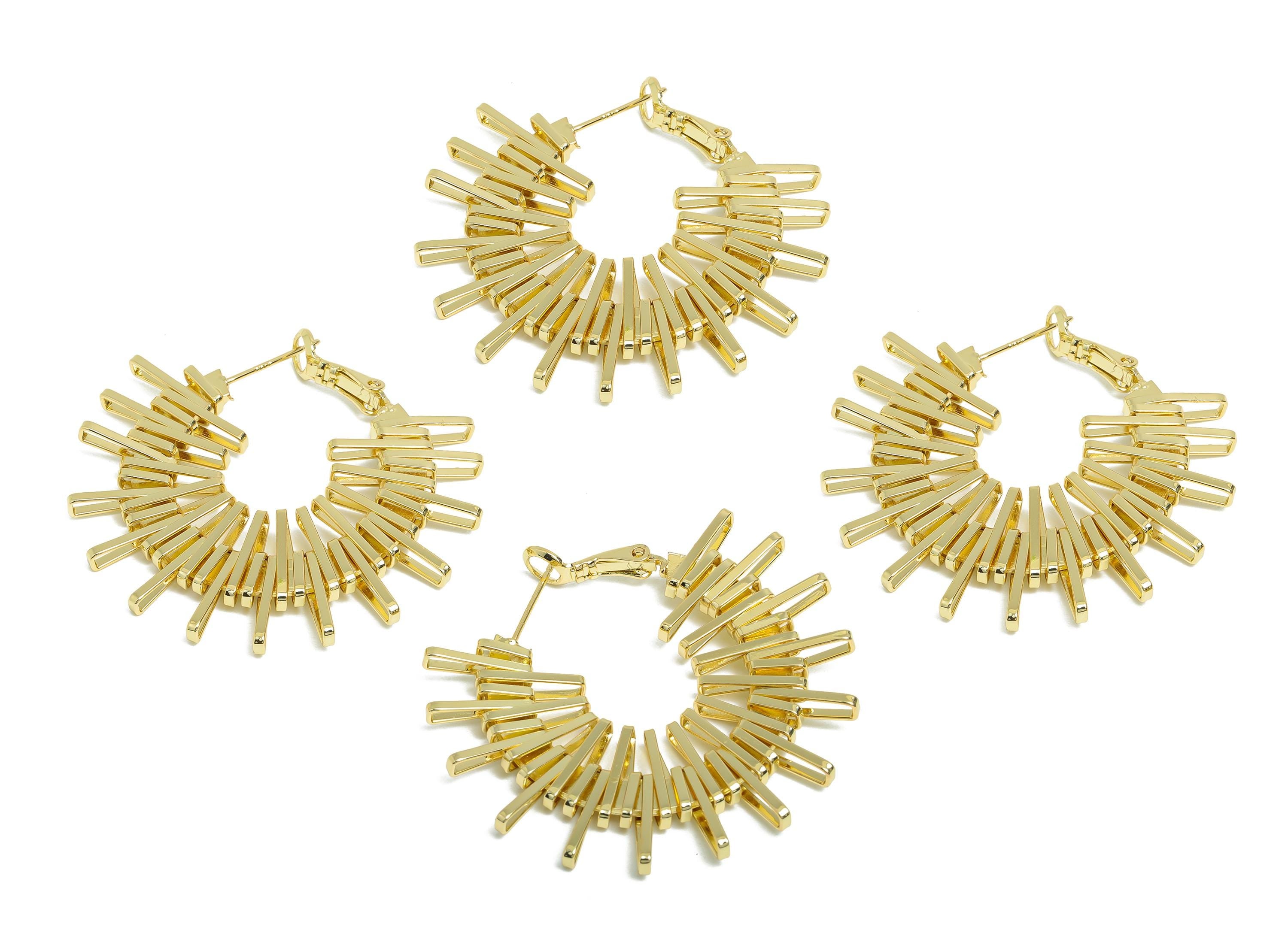 Brass Dazzling Sunray Earring - Gold Unique Fan Earring - Geometric Clasp Back Earring - 14K Real Gold-Plated Brass - 42x38x3mm - RGP9503-14 - DOMEDBAZAAR