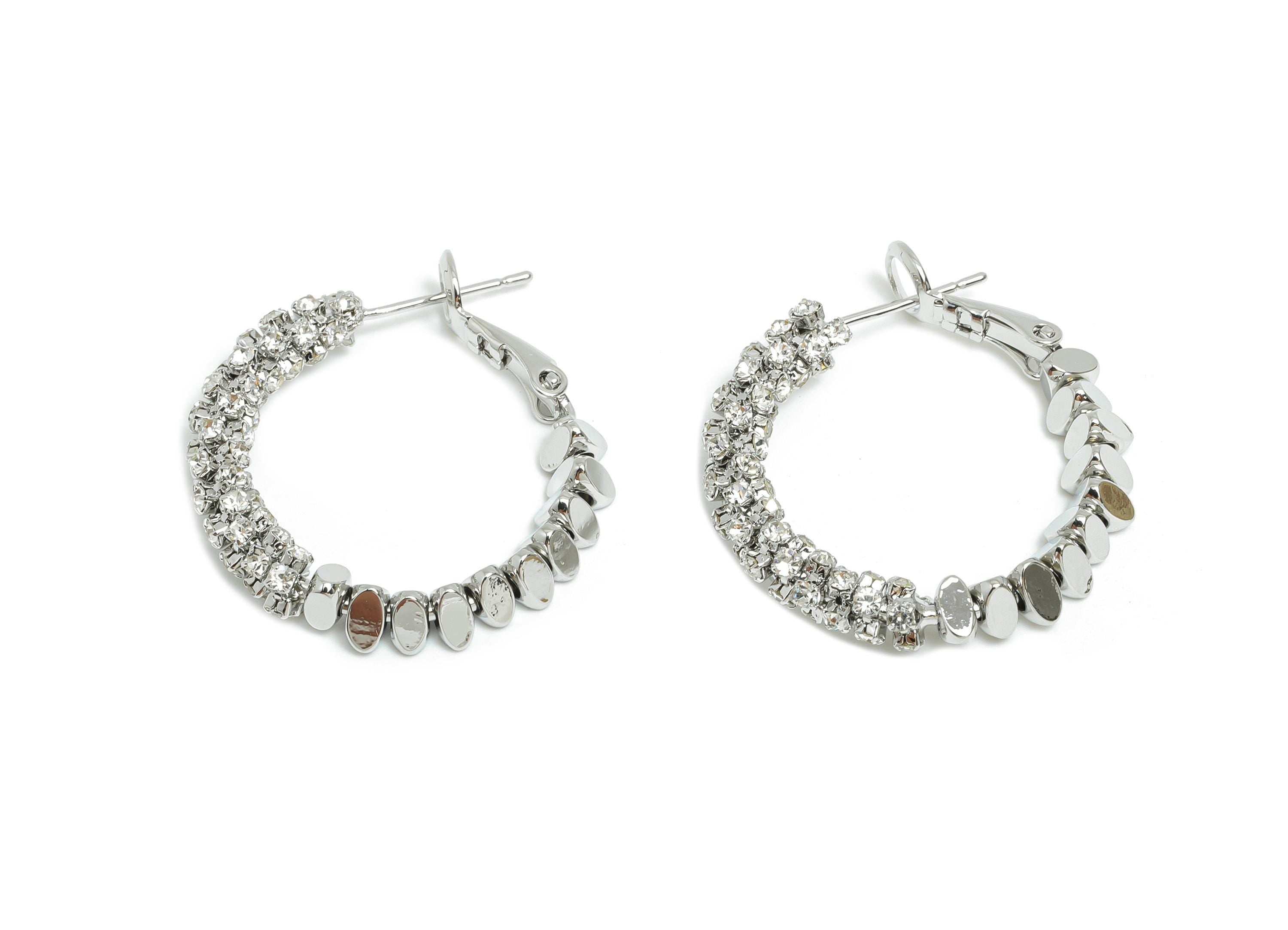 Brass Beaded Hoop Earring - White Stacked Triangle Zircon Earring - Geometric Clasp Back Earring -18K White Gold-Plated -28x26x4mm -RGP9512S - DOMEDBAZAAR