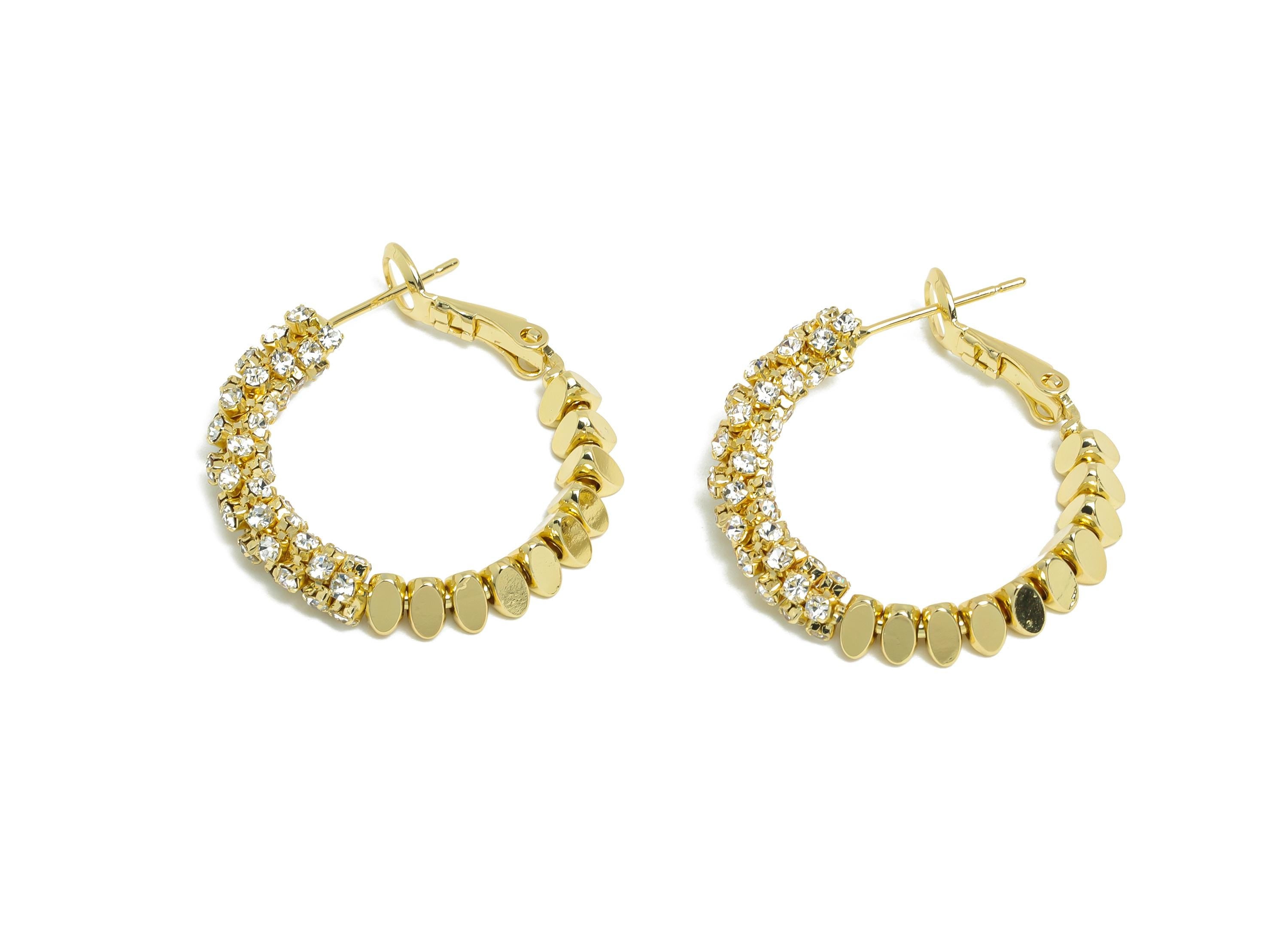 Brass Beaded Hoop Earring - Gold Stacked Triangle Zircon Earring - Geometric Clasp Back Earring -14K Real Gold-Plated -28x26x4mm -RGP9512-14 - DOMEDBAZAAR