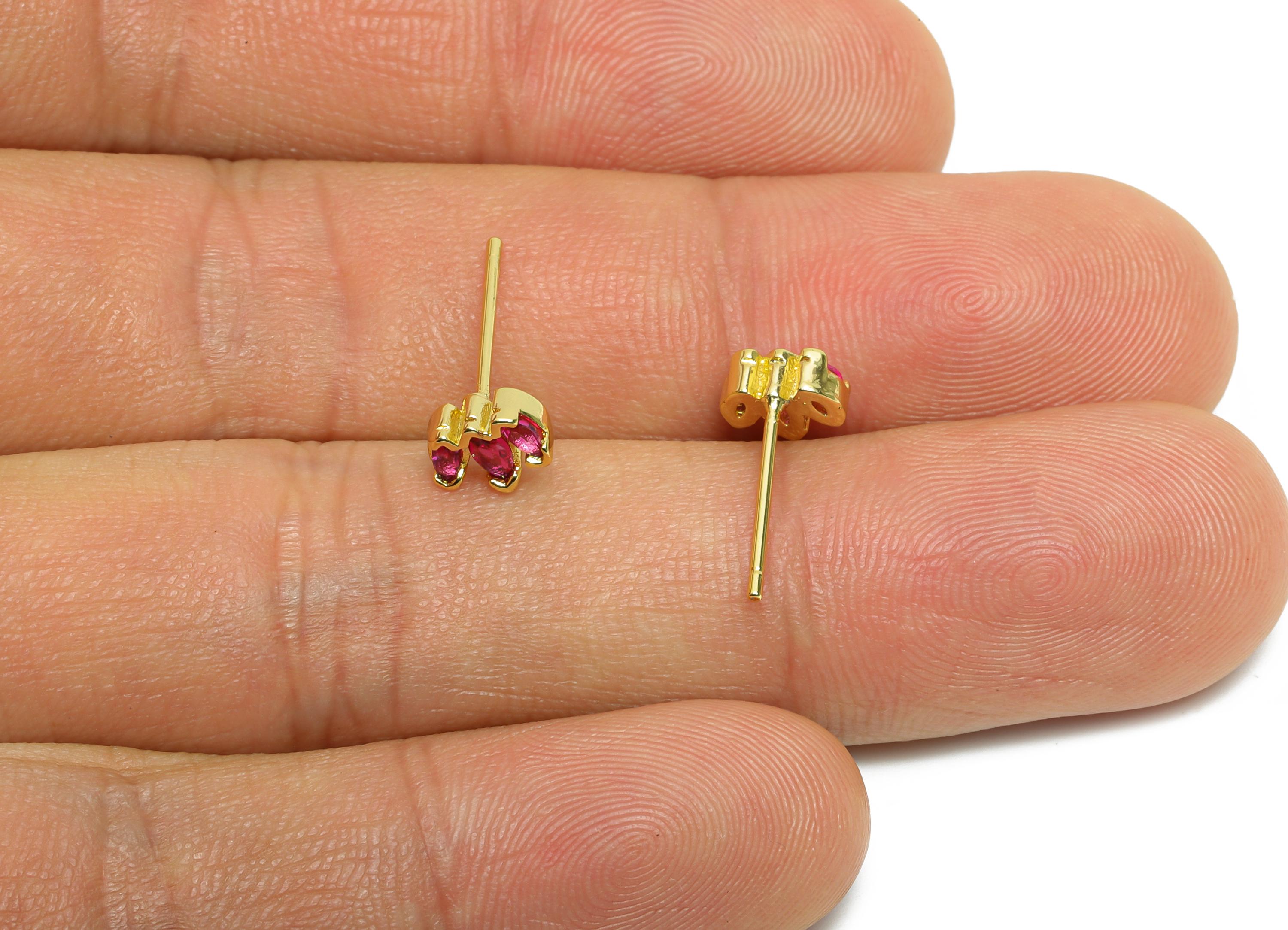 Brass CZ Crown Stud - Mini Pink Marquise Earring Post for Girls - Gold Minimalism Jewelry - 18K Real Gold Plated - 5.27x6.67x0.78mm -RGP9837 - DOMEDBAZAAR