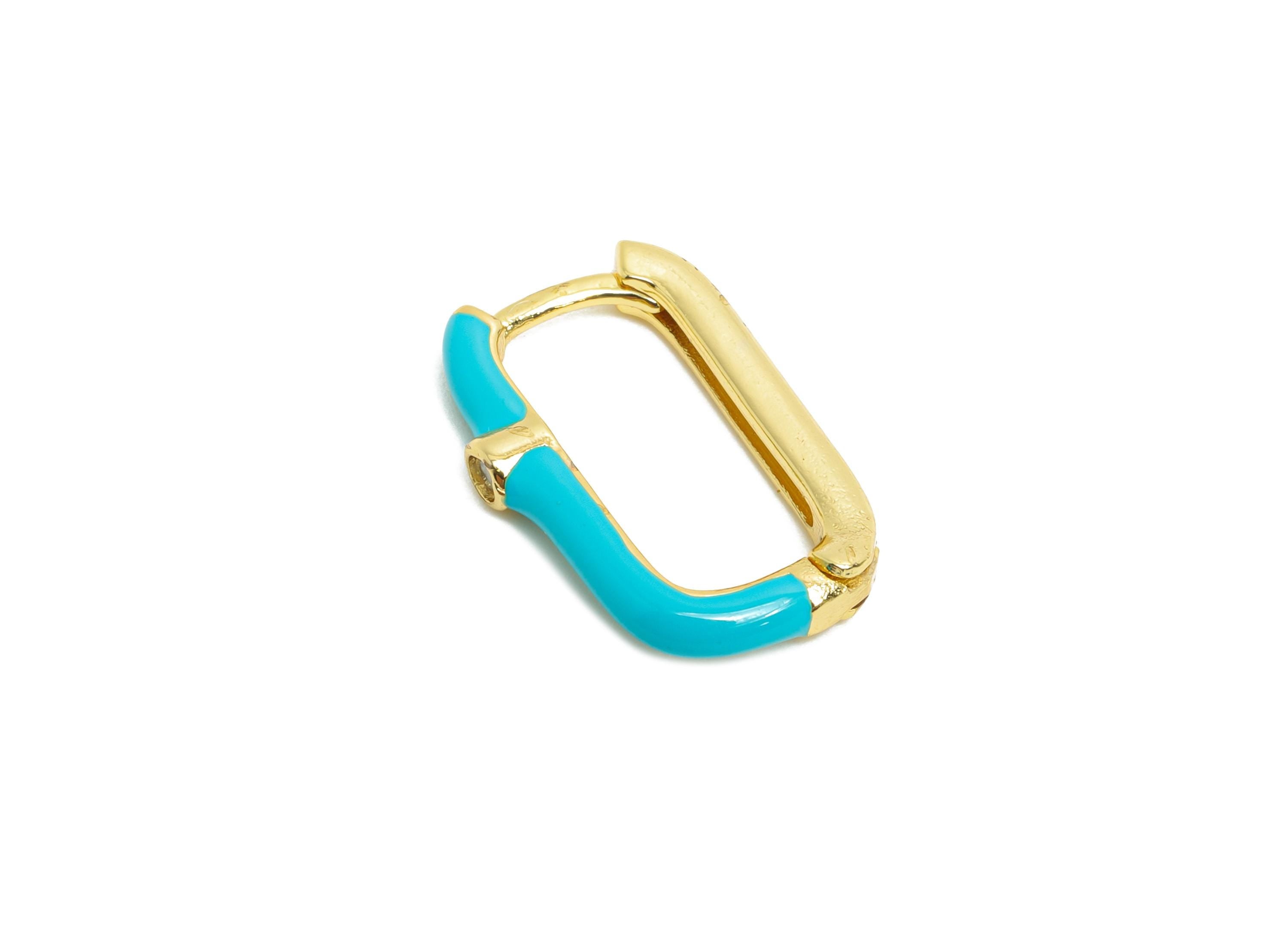 Brass U Shape Hoop Earring - Blue Enamel Zircon Earring - Minimalist Gold Oval Earring - 18K Real Gold Plated - 18.65x12.25x2.65mm - RGP9766 - DOMEDBAZAAR