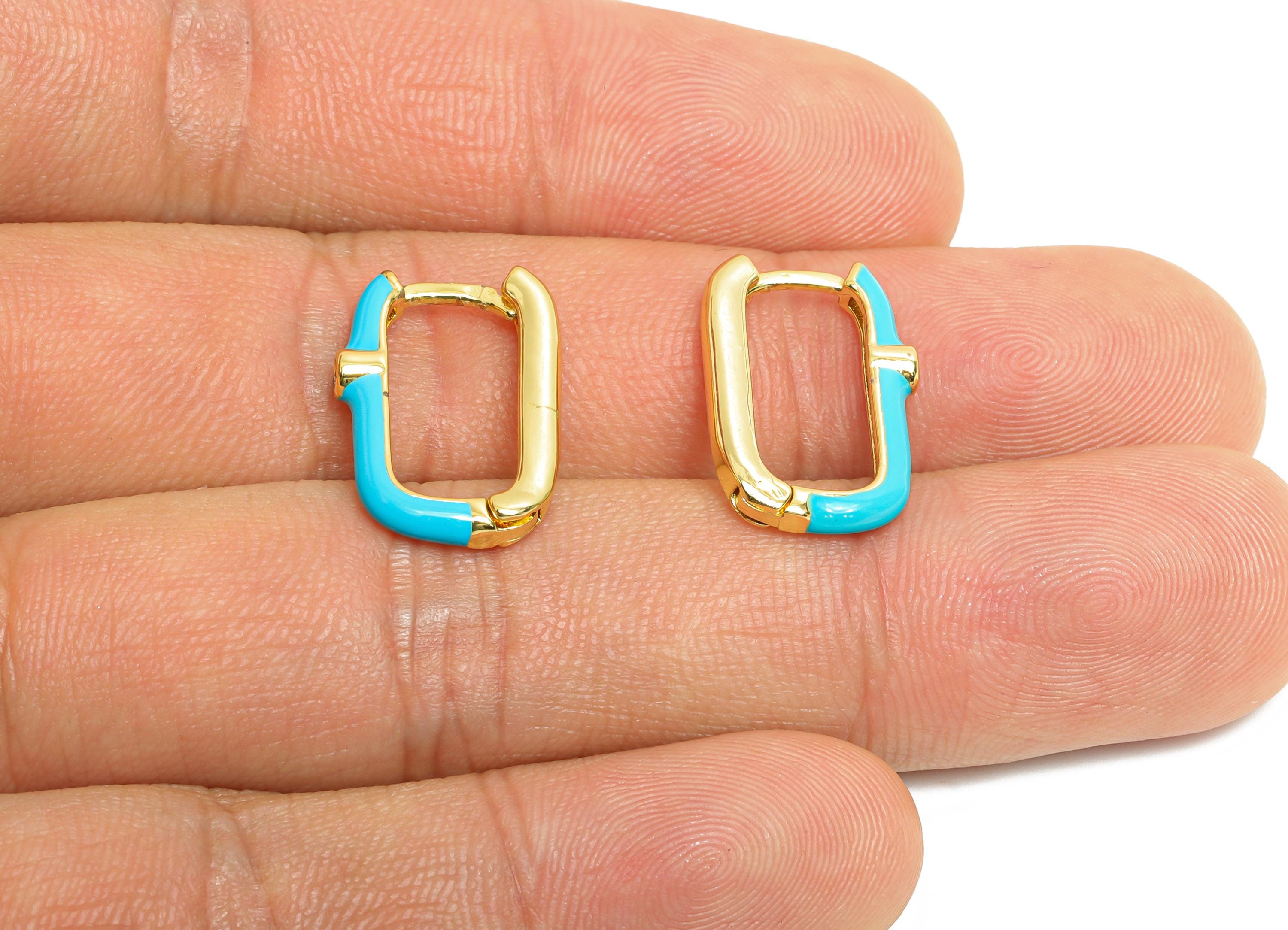 Brass U Shape Hoop Earring - Blue Enamel Zircon Earring - Minimalist Gold Oval Earring - 18K Real Gold Plated - 18.65x12.25x2.65mm - RGP9766 - DOMEDBAZAAR