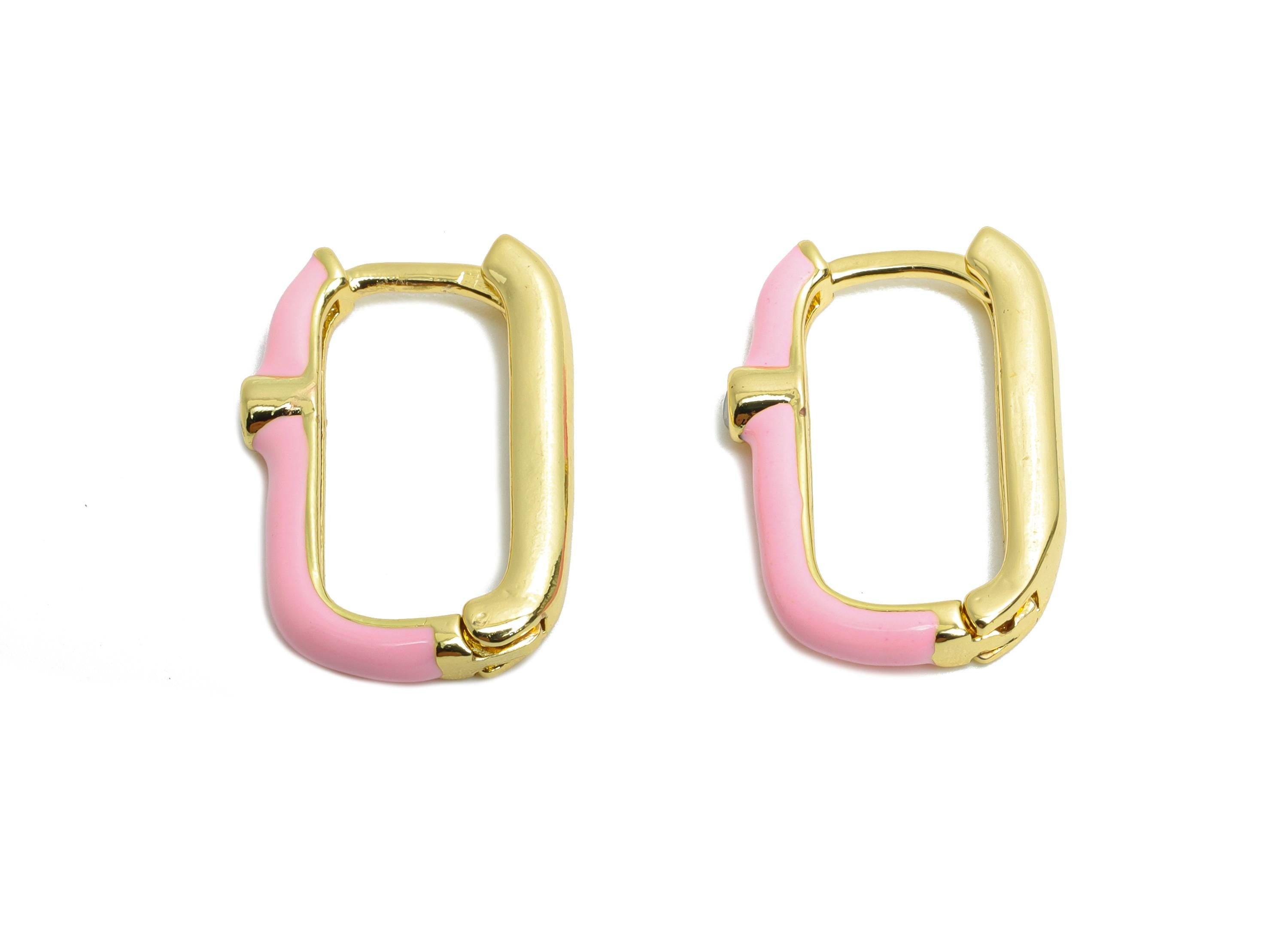 Brass U Shape Hoop Earring - Pink Enamel Zircon Earring - Minimalist Gold Oval Earring - 18K Real Gold Plated - 18.65x12.25x2.65mm - RGP9765 - DOMEDBAZAAR