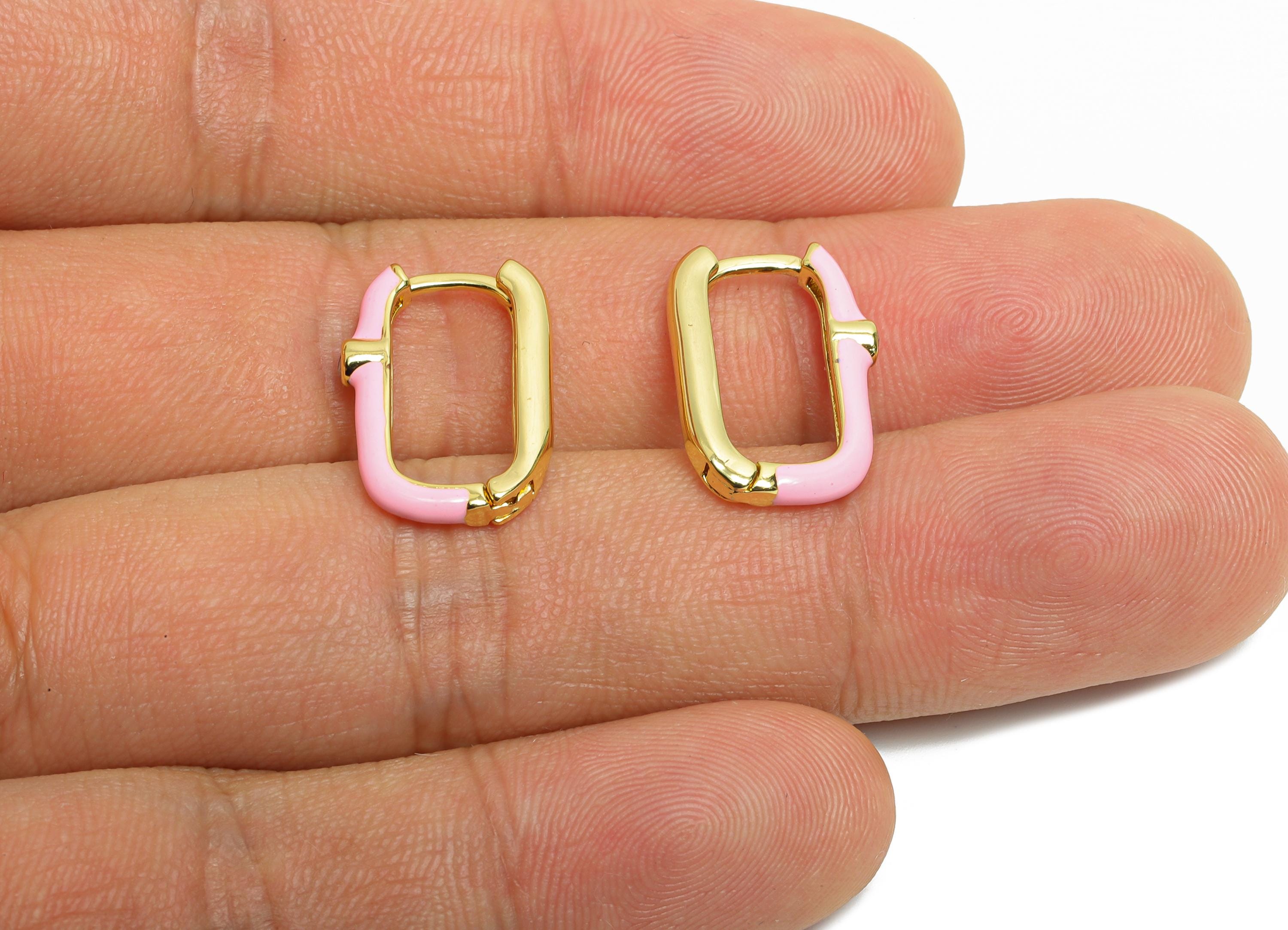 Brass U Shape Hoop Earring - Pink Enamel Zircon Earring - Minimalist Gold Oval Earring - 18K Real Gold Plated - 18.65x12.25x2.65mm - RGP9765 - DOMEDBAZAAR